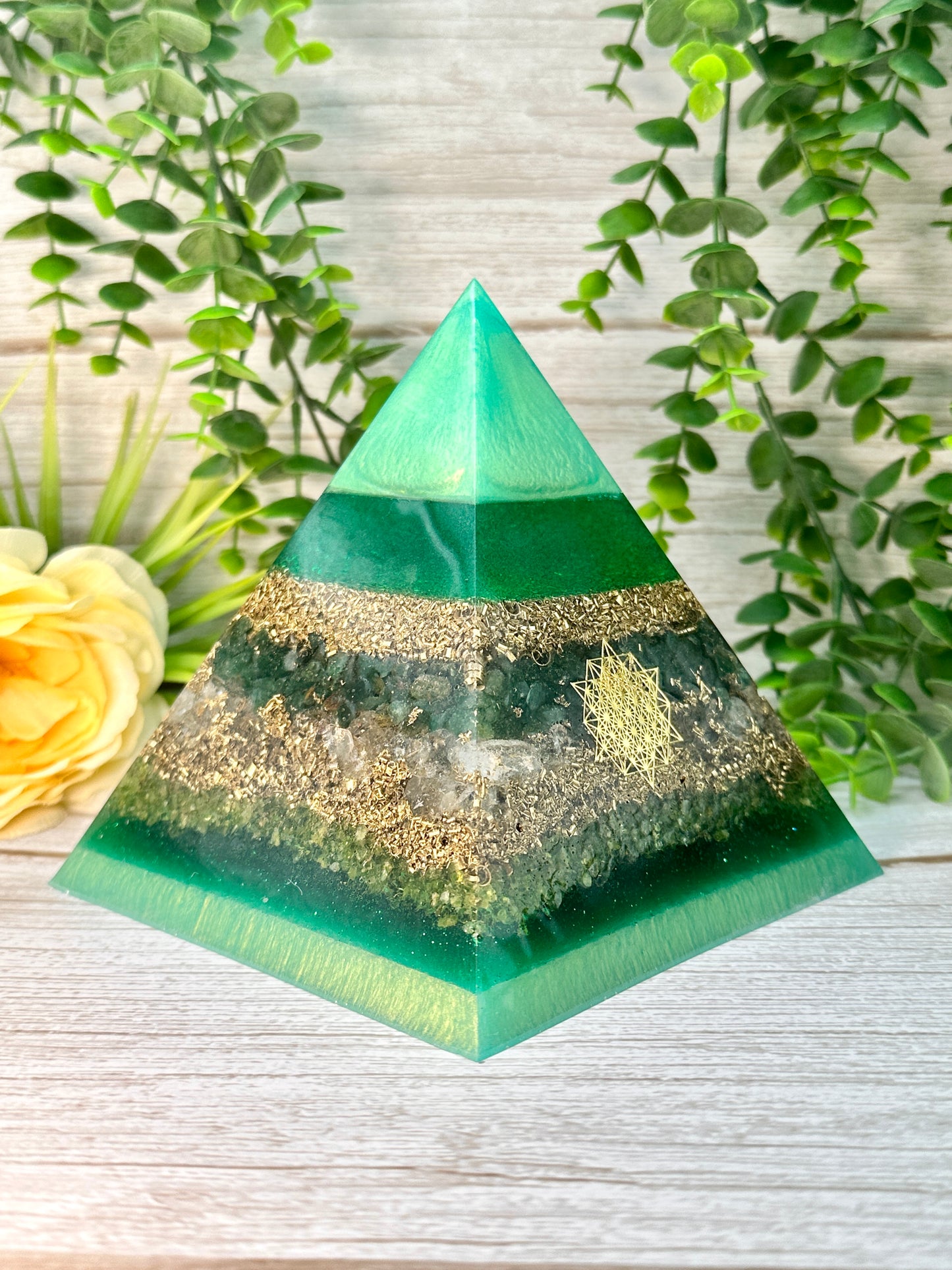 RACHEL - Orgonite Pyramid - EMF Protector - Emerald, Lemon Topaz, Peridot and Brass Metals