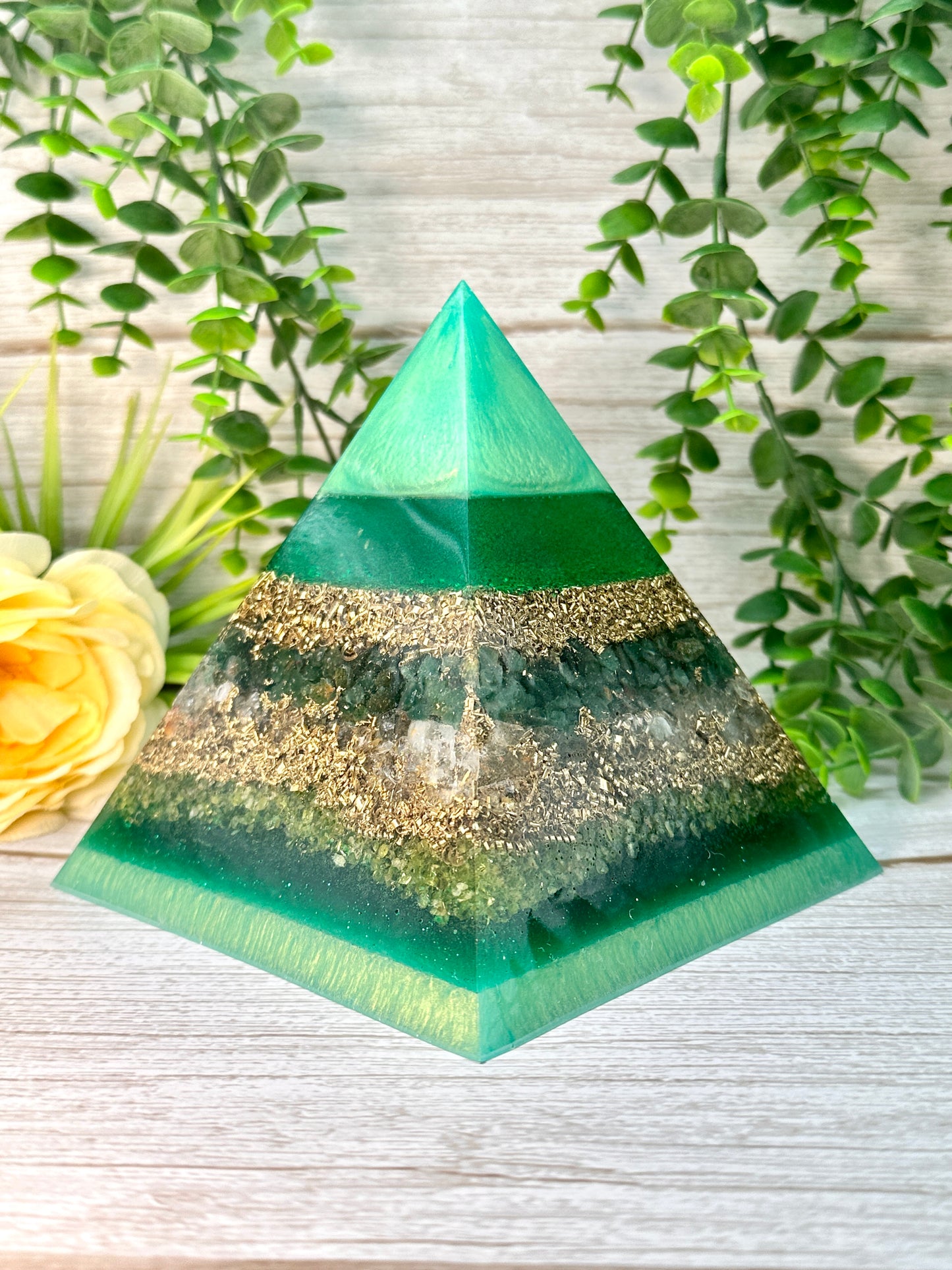 RACHEL - Orgonite Pyramid - EMF Protector - Emerald, Lemon Topaz, Peridot and Brass Metals