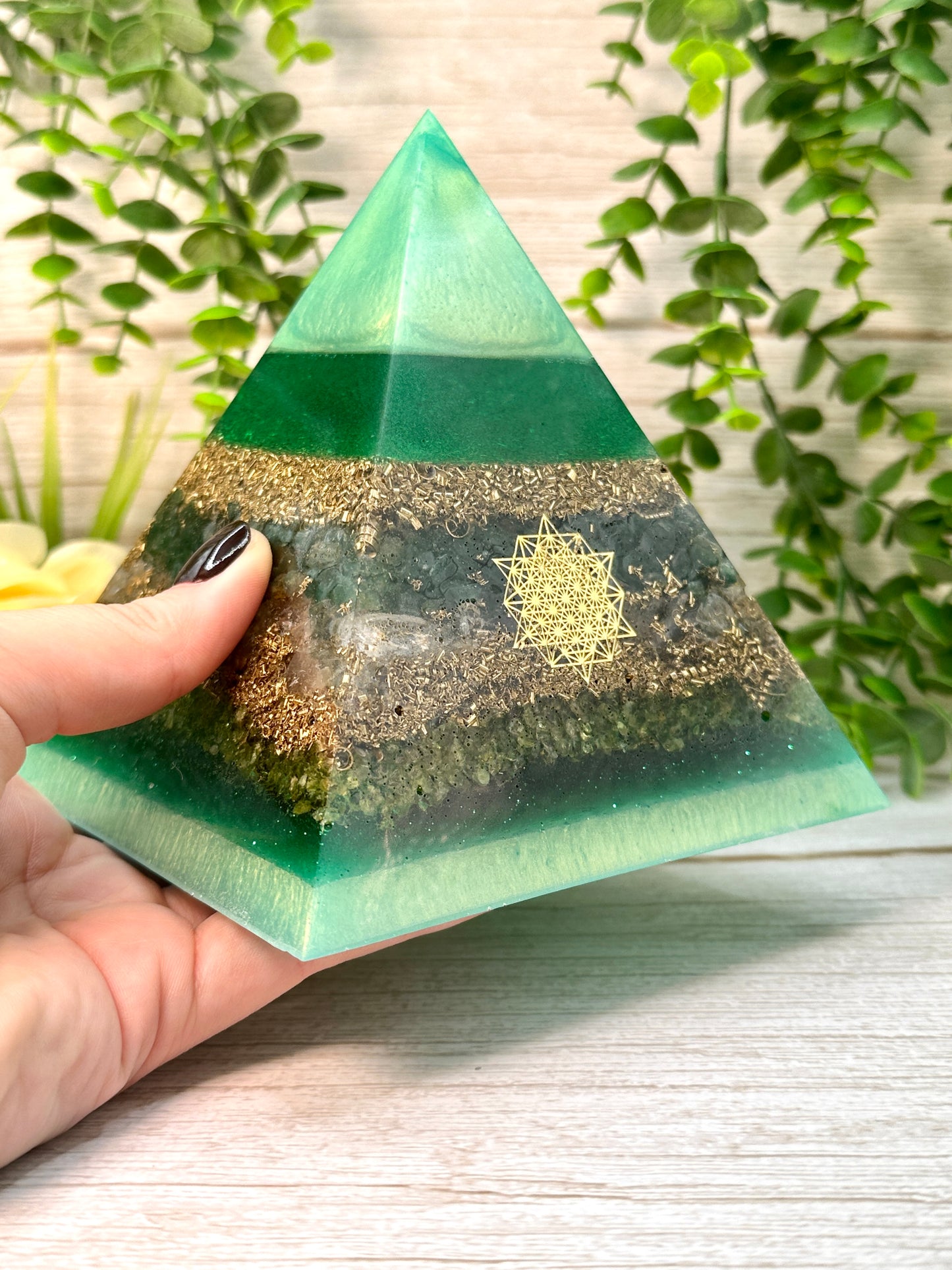 RACHEL - Orgonite Pyramid - EMF Protector - Emerald, Lemon Topaz, Peridot and Brass Metals