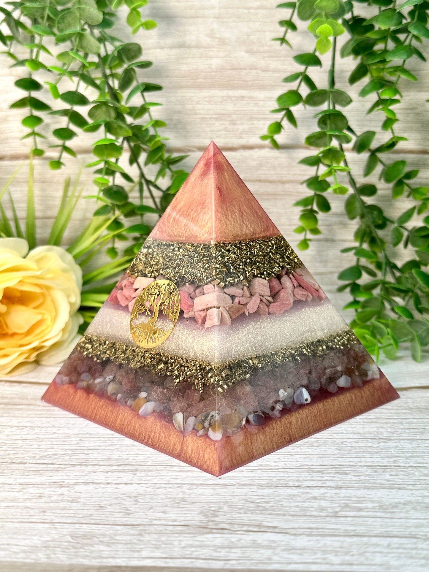 WENDY - Orgonite Pyramid - EMF Protector - Pink Opal, Strawberry Quartz and Botswana Agate with Brass Metals
