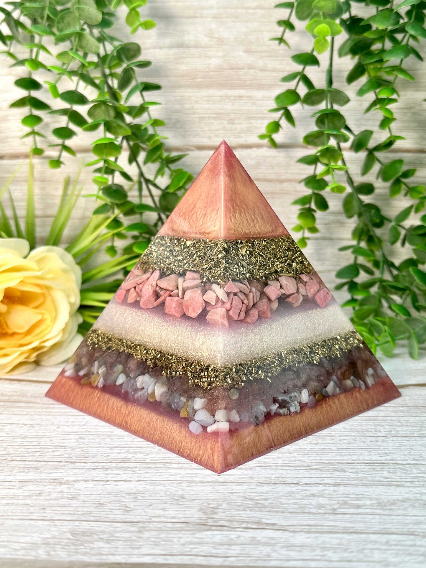 WENDY - Orgonite Pyramid - EMF Protector - Pink Opal, Strawberry Quartz and Botswana Agate with Brass Metals