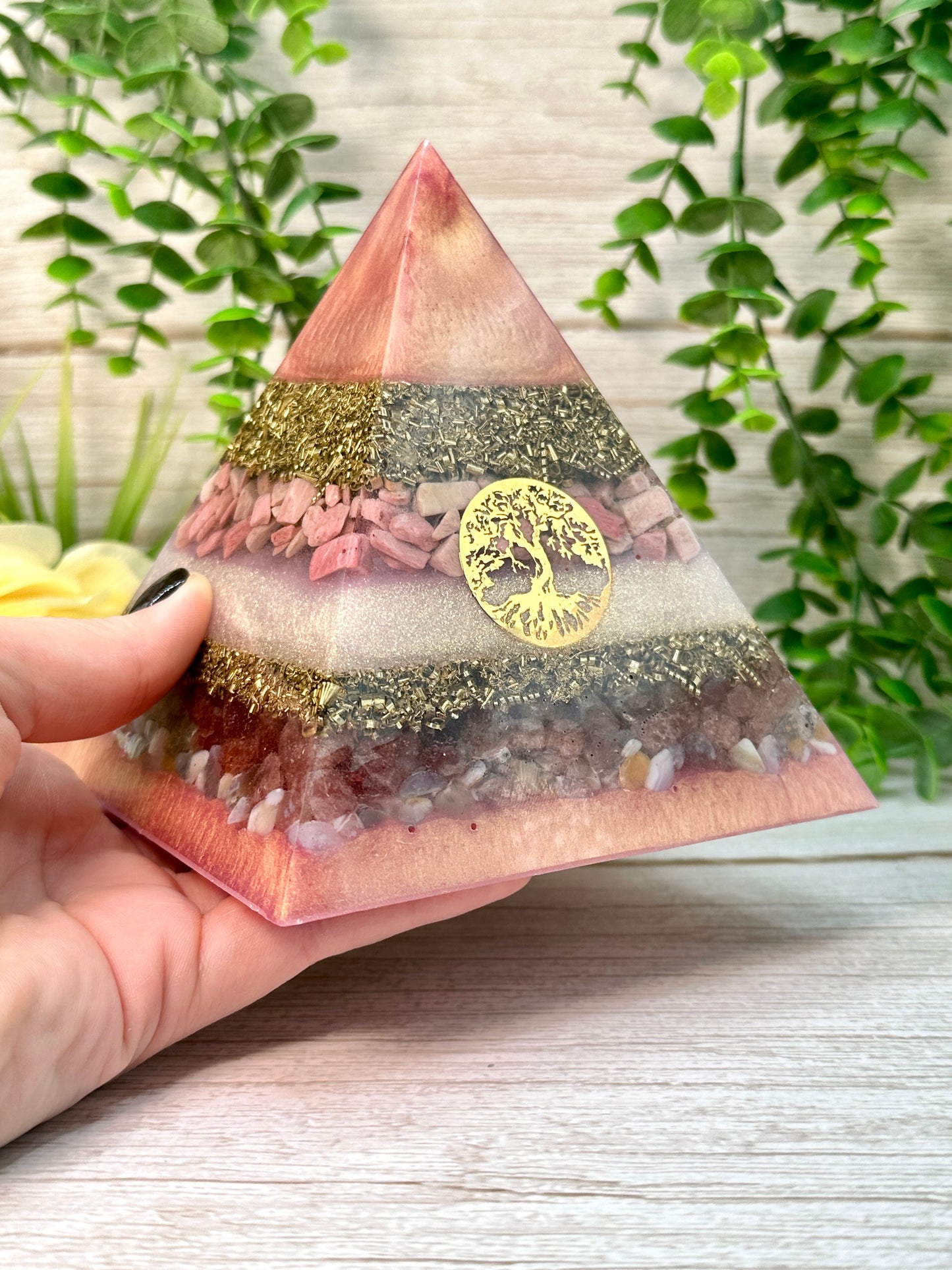 WENDY - Orgonite Pyramid - EMF Protector - Pink Opal, Strawberry Quartz and Botswana Agate with Brass Metals
