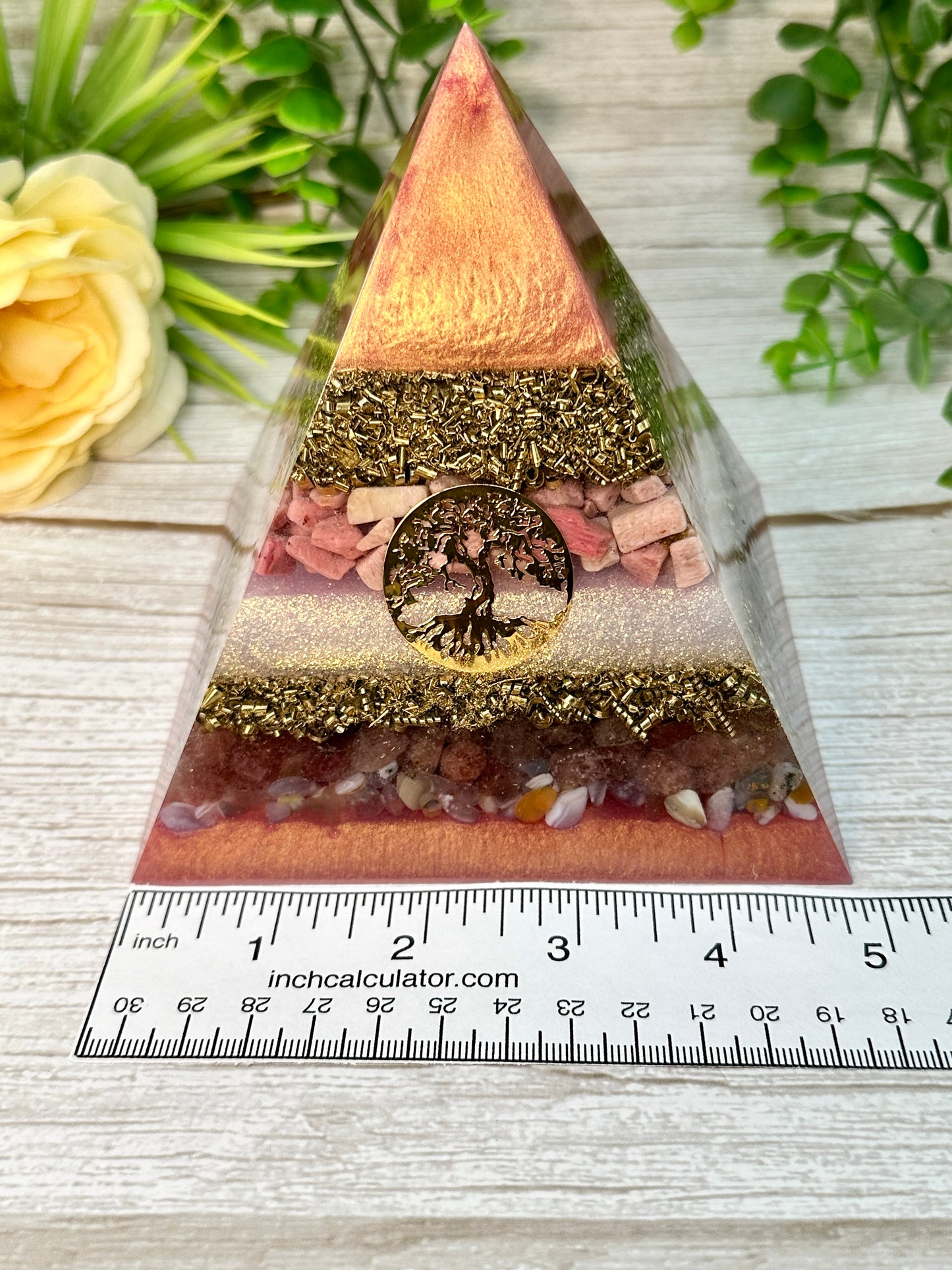 WENDY - Orgonite Pyramid - EMF Protector - Pink Opal, Strawberry Quartz and Botswana Agate with Brass Metals