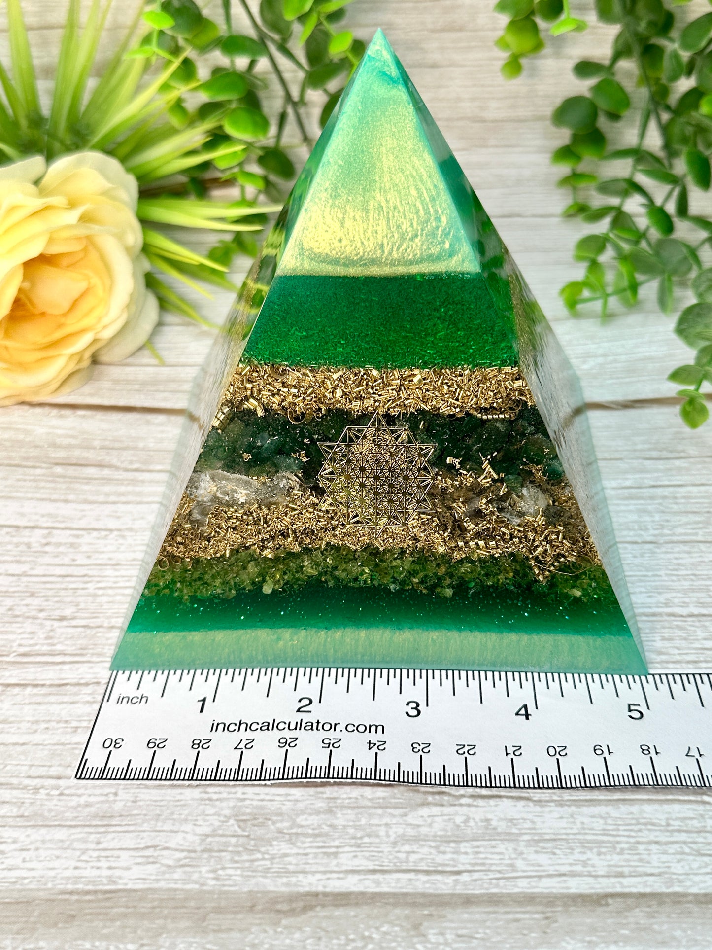 RACHEL - Orgonite Pyramid - EMF Protector - Emerald, Lemon Topaz, Peridot and Brass Metals