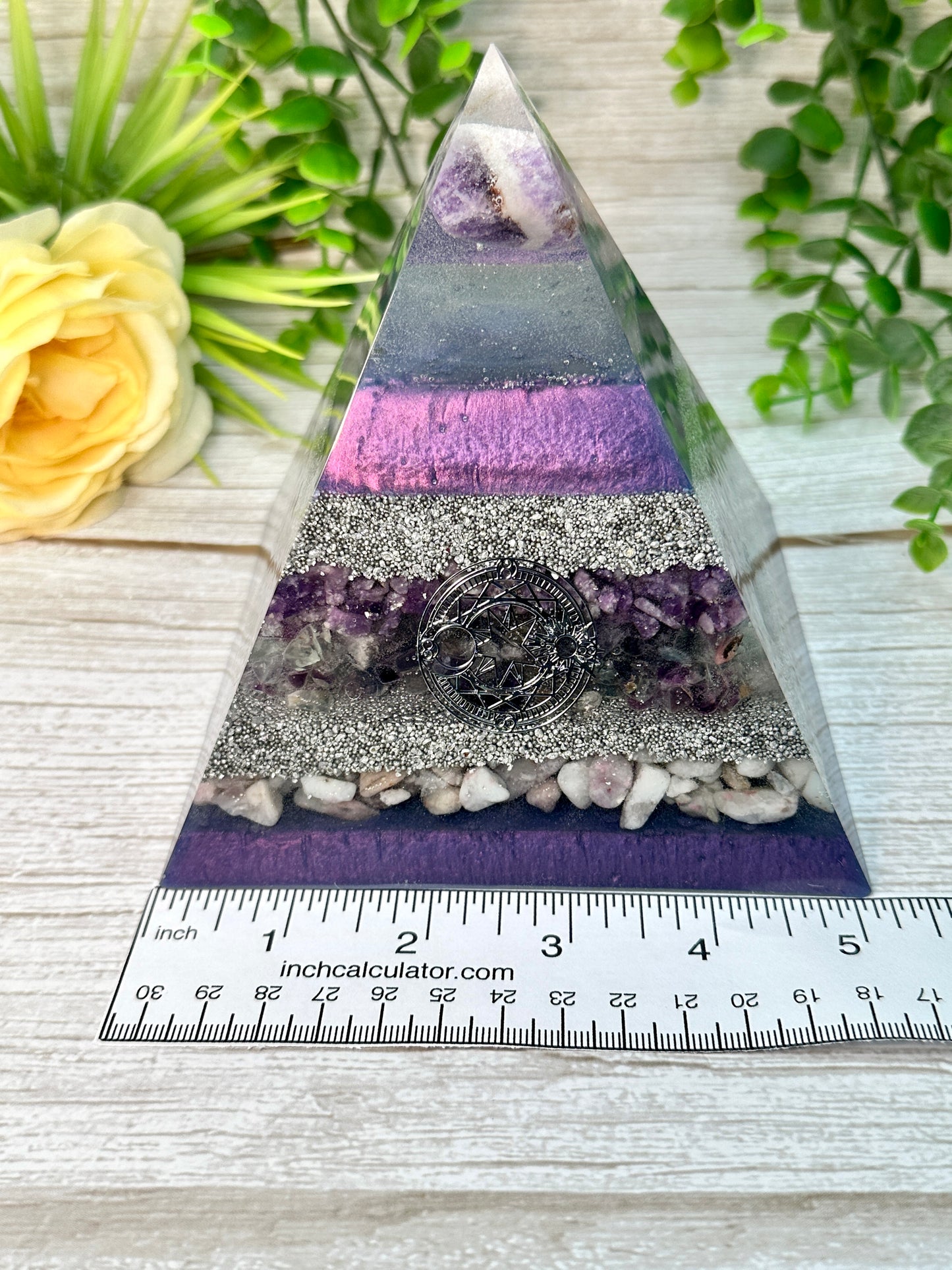 ELISA - Orgonite Pyramid - EMF Protector - Amethyst, Lepidolite, Pink Tourmaline, Rainbow Fluorite and Aluminum Metals