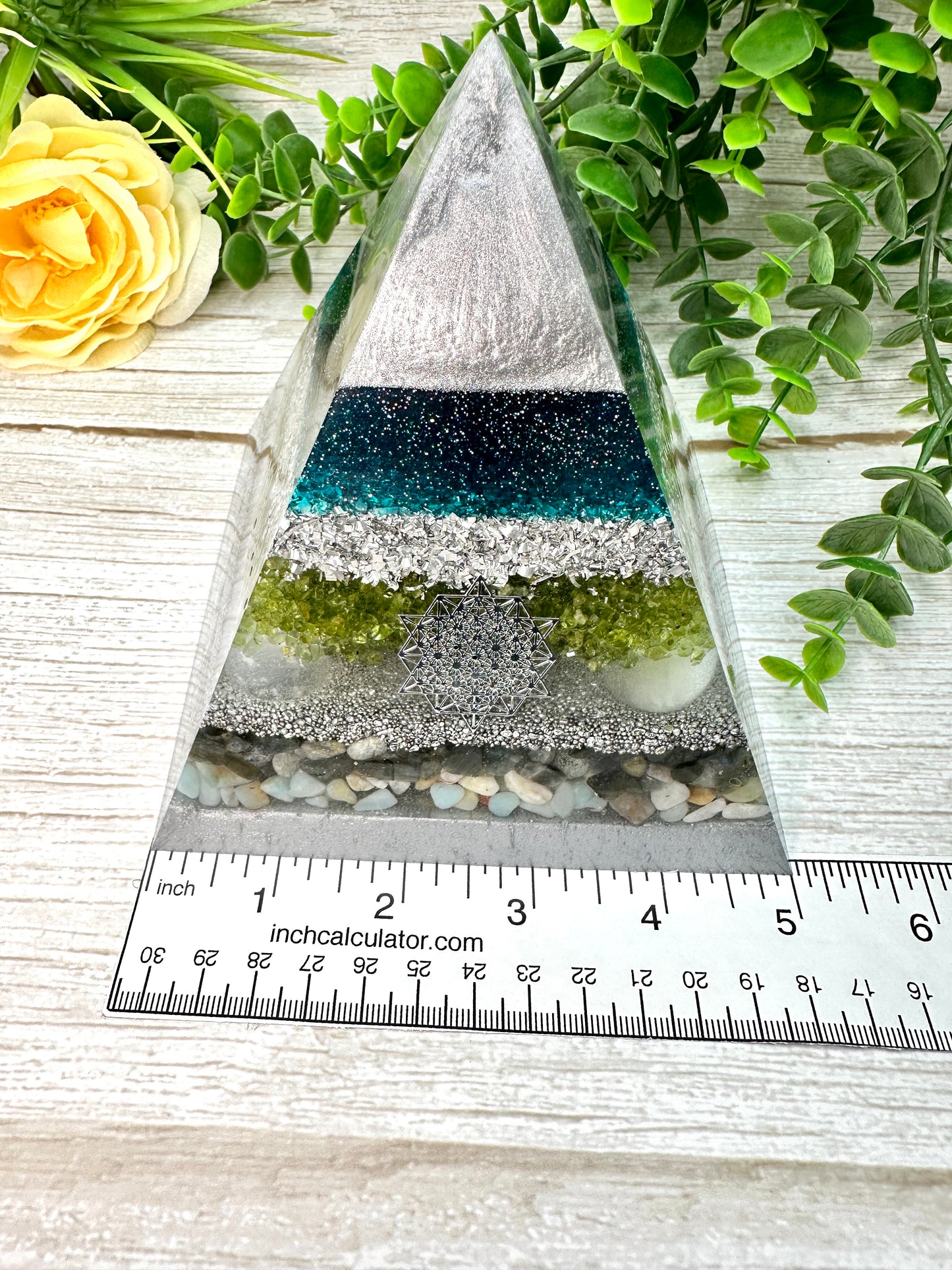 AXEL - Orgonite Pyramid - EMF Protector - Peridot, Selenite, Labradorite & Amazonite with Aluminum Metals