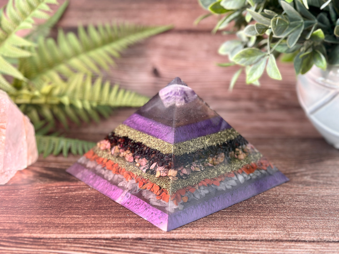 LEONA - Purple Flame Golden Ratio Special Edition Pyramid! - EMF Protector - Amethyst, Garnet, Rhodonite, Red Jasper & Rose Quartz with Brass Metals
