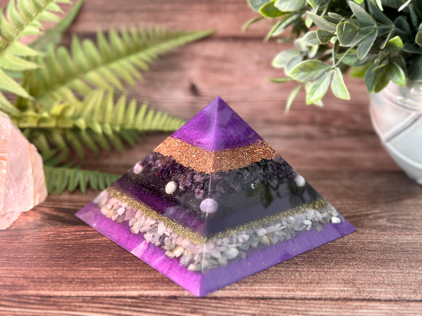 DAPHNE - Purple Flame Golden Ratio Special Edition Pyramid! - EMF Protector - Amethyst, Purple Opal, Kunzite & Morganite with Copper and Brass Metals