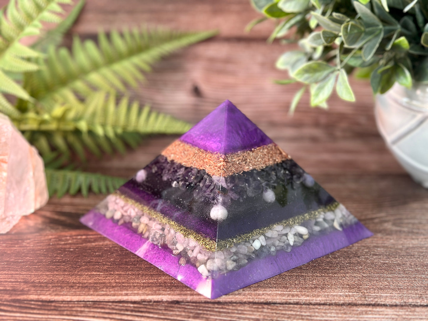 DAPHNE - Purple Flame Golden Ratio Special Edition Pyramid! - EMF Protector - Amethyst, Purple Opal, Kunzite & Morganite with Copper and Brass Metals
