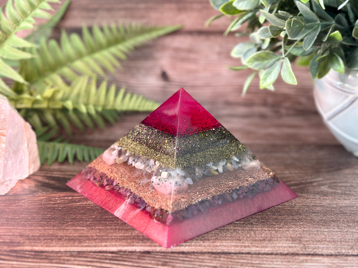 VALERIA - Purple Flame Golden Ratio Special Edition Pyramid! - EMF Protector - Botswana Agate, Rhodonite and Ruby with Copper and Brass Metals