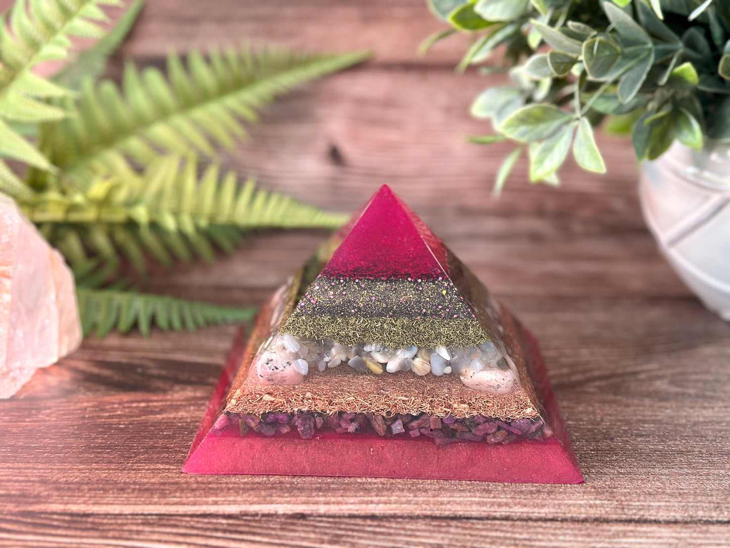 VALERIA - Purple Flame Golden Ratio Special Edition Pyramid! - EMF Protector - Botswana Agate, Rhodonite and Ruby with Copper and Brass Metals