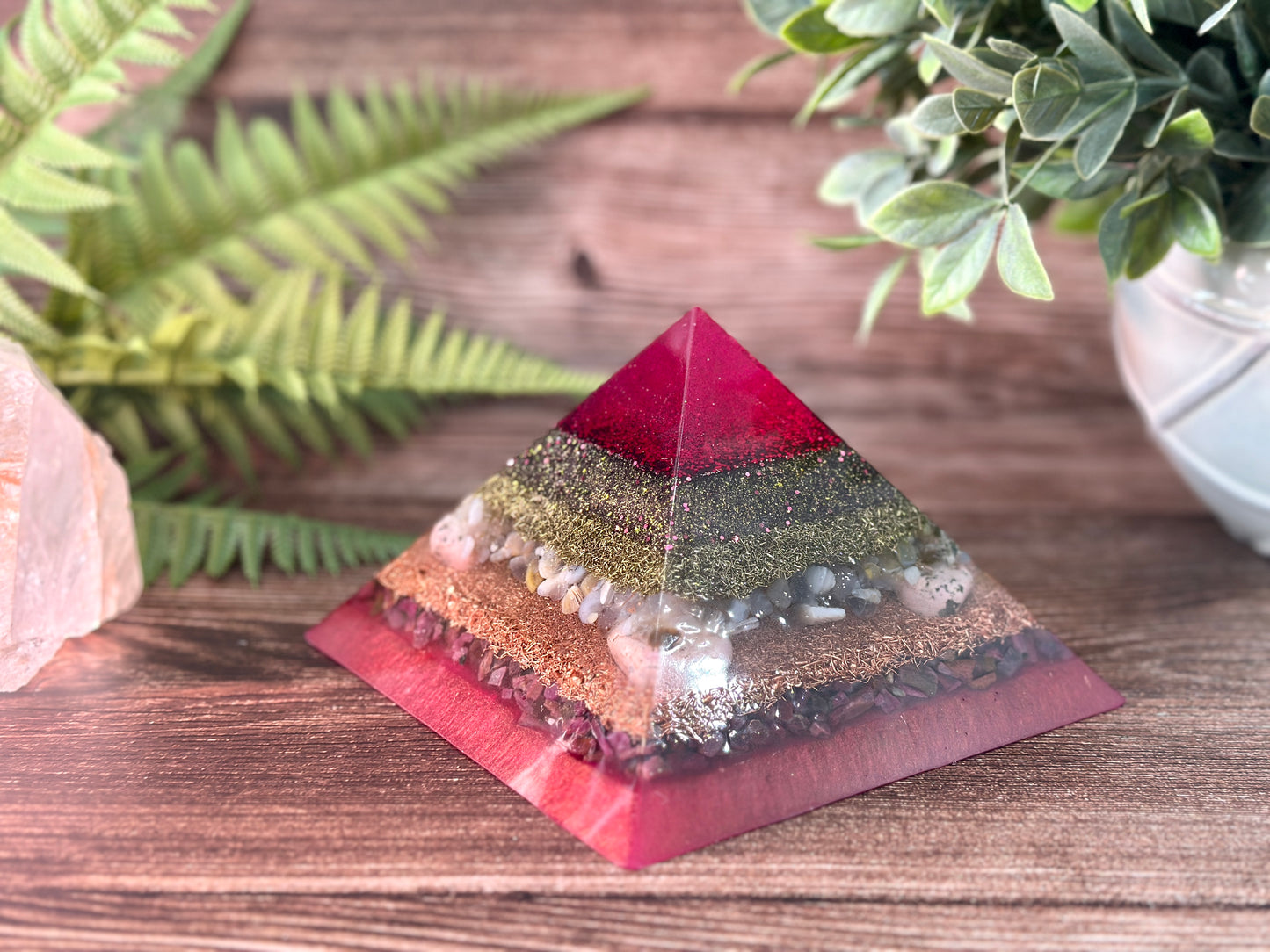 VALERIA - Purple Flame Golden Ratio Special Edition Pyramid! - EMF Protector - Botswana Agate, Rhodonite and Ruby with Copper and Brass Metals