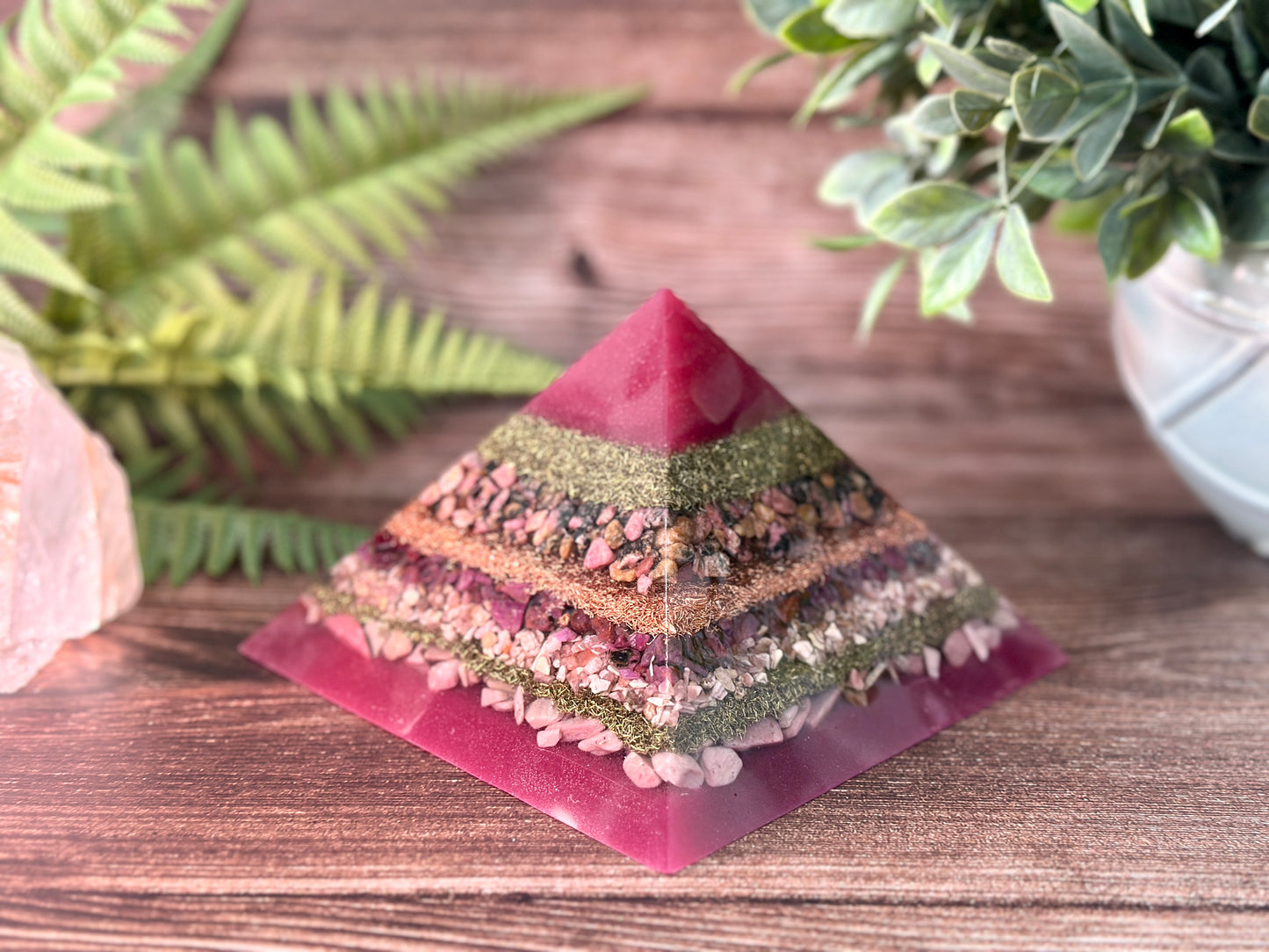 LORELAI - Purple Flame Golden Ratio Special Edition Pyramid! - EMF Protector - Rhodonite, Ruby, Rhodochrosite and Pink Opal with Copper and Brass Metals