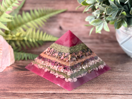 LORELAI - Purple Flame Golden Ratio Special Edition Pyramid! - EMF Protector - Rhodonite, Ruby, Rhodochrosite and Pink Opal with Copper and Brass Metals