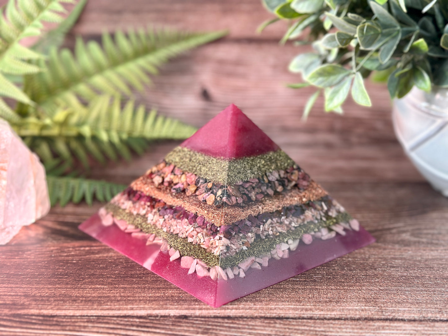 LORELAI - Purple Flame Golden Ratio Special Edition Pyramid! - EMF Protector - Rhodonite, Ruby, Rhodochrosite and Pink Opal with Copper and Brass Metals