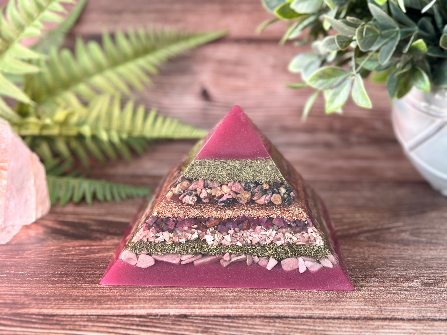 LORELAI - Purple Flame Golden Ratio Special Edition Pyramid! - EMF Protector - Rhodonite, Ruby, Rhodochrosite and Pink Opal with Copper and Brass Metals