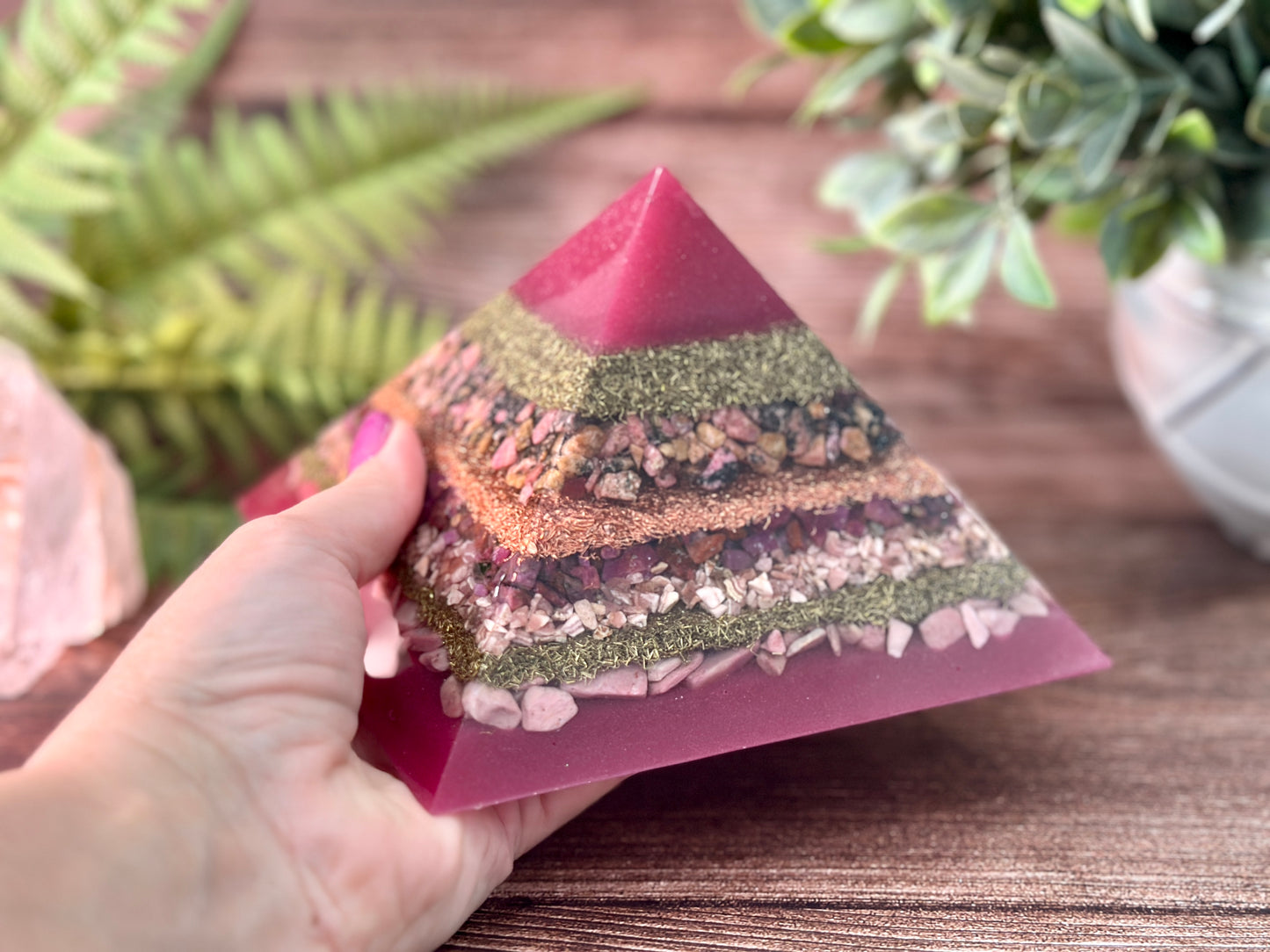 LORELAI - Purple Flame Golden Ratio Special Edition Pyramid! - EMF Protector - Rhodonite, Ruby, Rhodochrosite and Pink Opal with Copper and Brass Metals