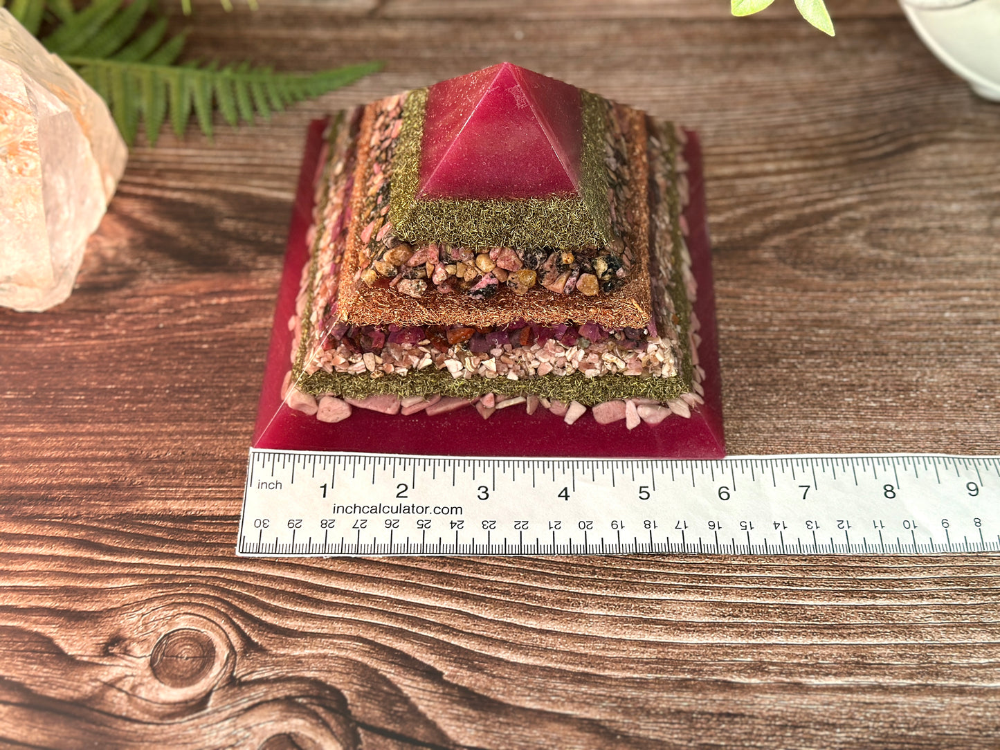 LORELAI - Purple Flame Golden Ratio Special Edition Pyramid! - EMF Protector - Rhodonite, Ruby, Rhodochrosite and Pink Opal with Copper and Brass Metals