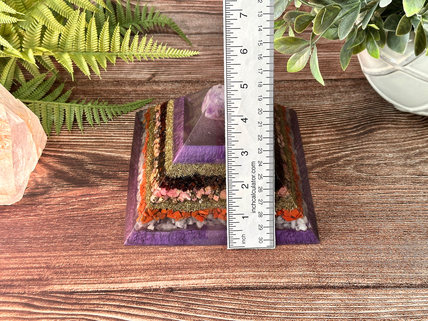 LEONA - Purple Flame Golden Ratio Special Edition Pyramid! - EMF Protector - Amethyst, Garnet, Rhodonite, Red Jasper & Rose Quartz with Brass Metals