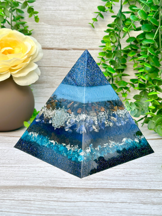 FATHER'S DAY Special Edition Pyramid! - EMF Protector - Blue Tiger's Eye, Sodalite, Black Tourmaline and Blue Apatite with Stainless Steel and Brass Metals