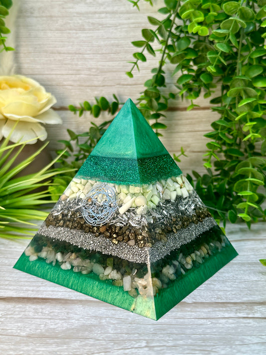 MIRANDA - Orgonite Pyramid - EMF Protector - Lemon Chrysoprase, Pyrite, Emerald & Morganite with Aluminum Metals