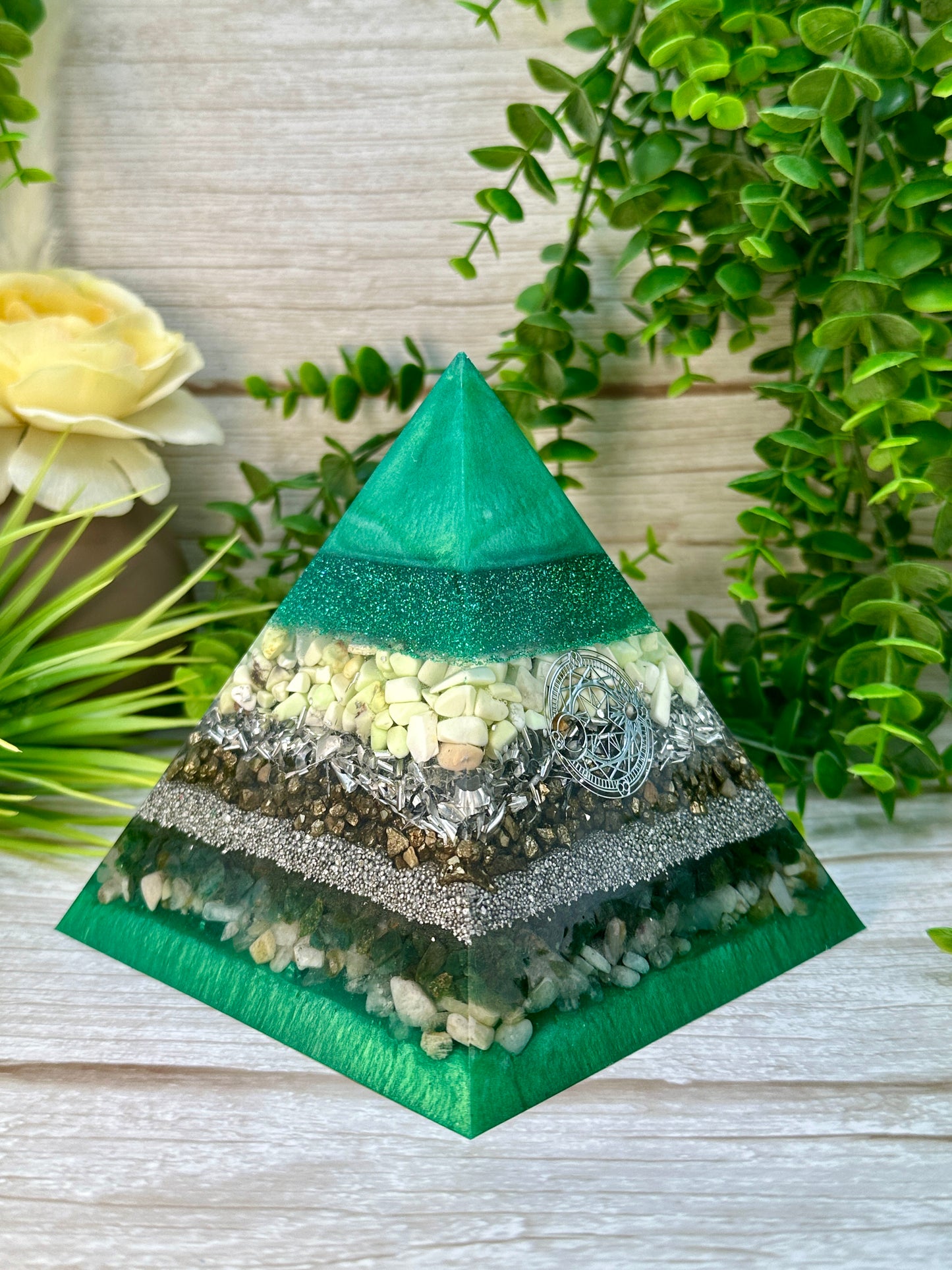 MIRANDA - Orgonite Pyramid - EMF Protector - Lemon Chrysoprase, Pyrite, Emerald & Morganite with Aluminum Metals