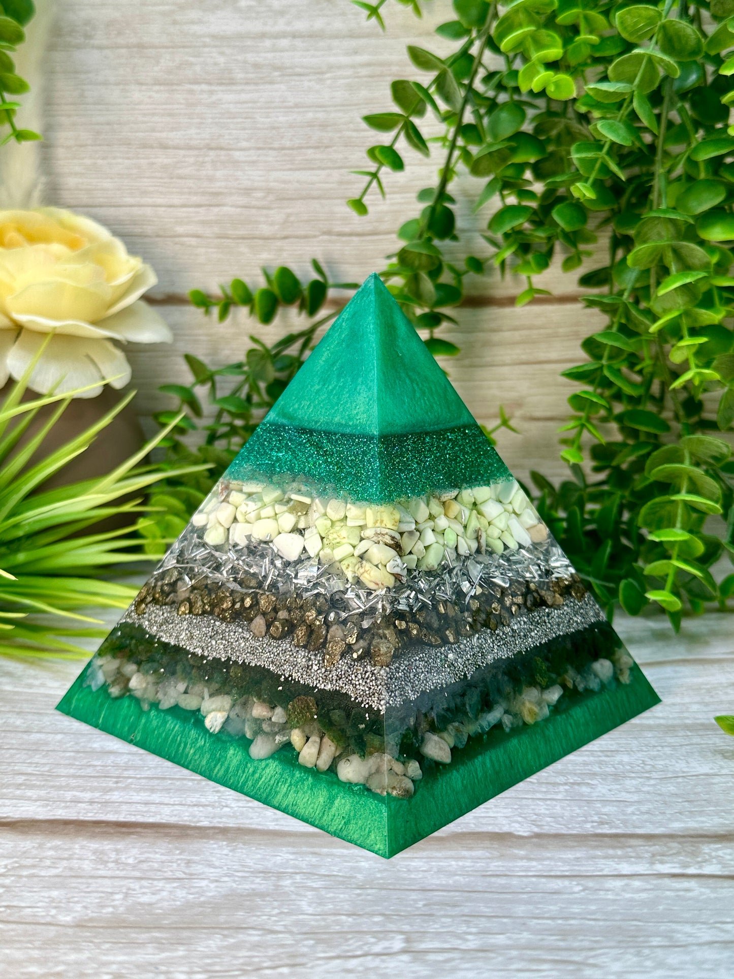 MIRANDA - Orgonite Pyramid - EMF Protector - Lemon Chrysoprase, Pyrite, Emerald & Morganite with Aluminum Metals