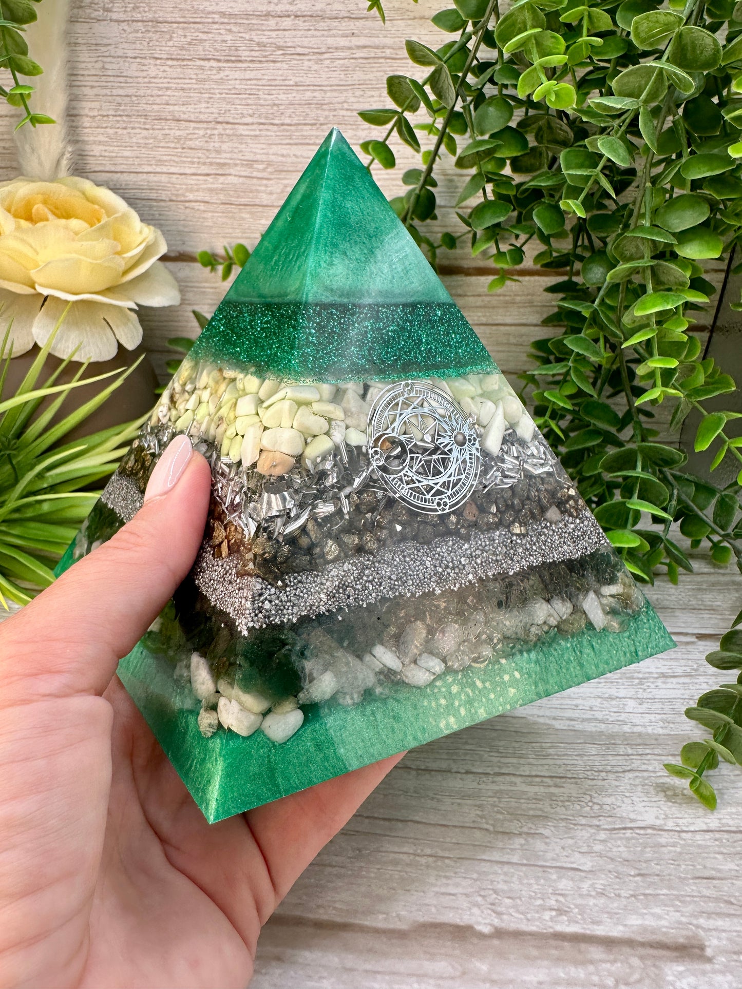 MIRANDA - Orgonite Pyramid - EMF Protector - Lemon Chrysoprase, Pyrite, Emerald & Morganite with Aluminum Metals