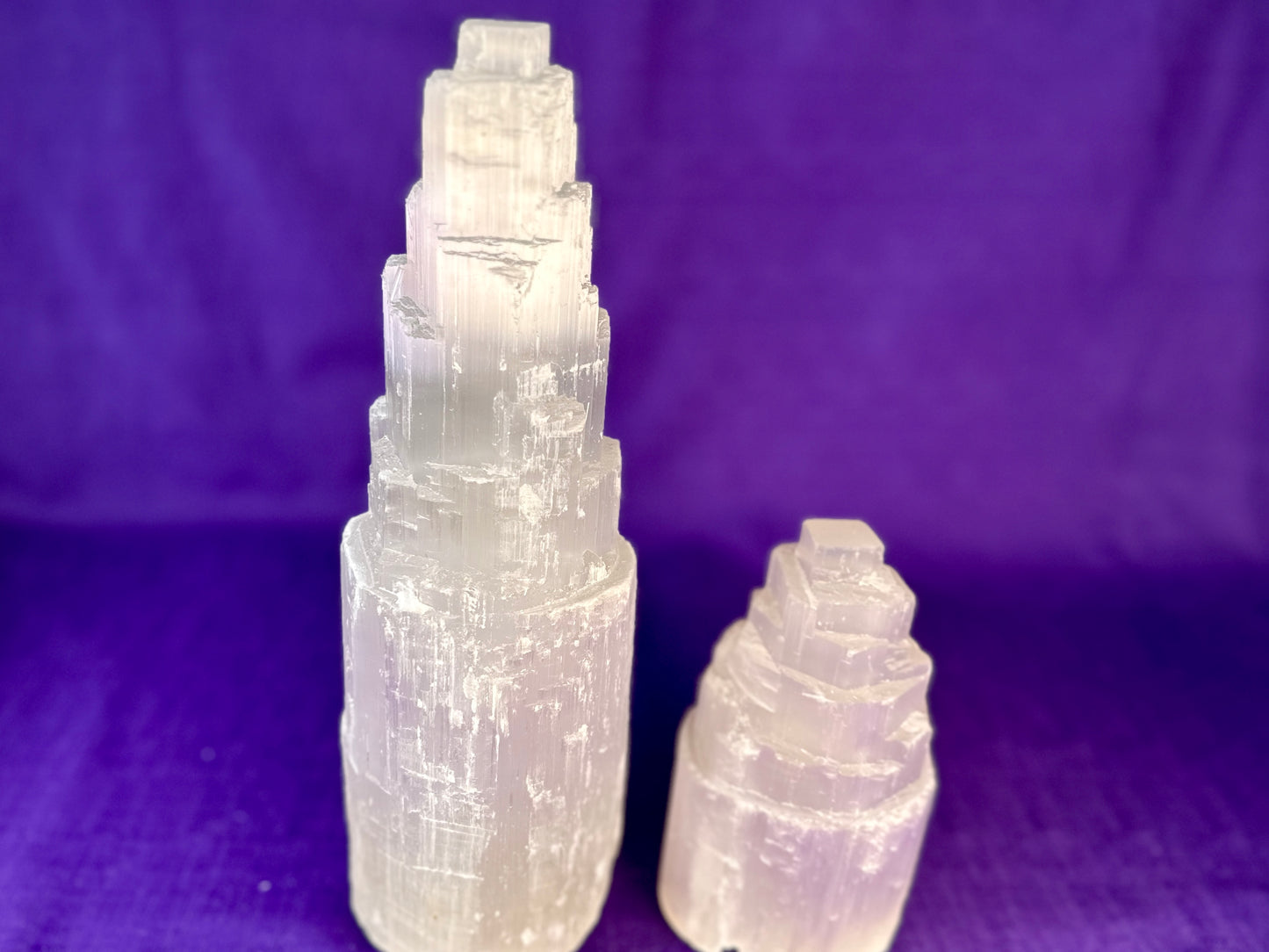 Selenite Skyscraper Lamp, 12" & 6" Tall Selenite Crystal Tower Lamps