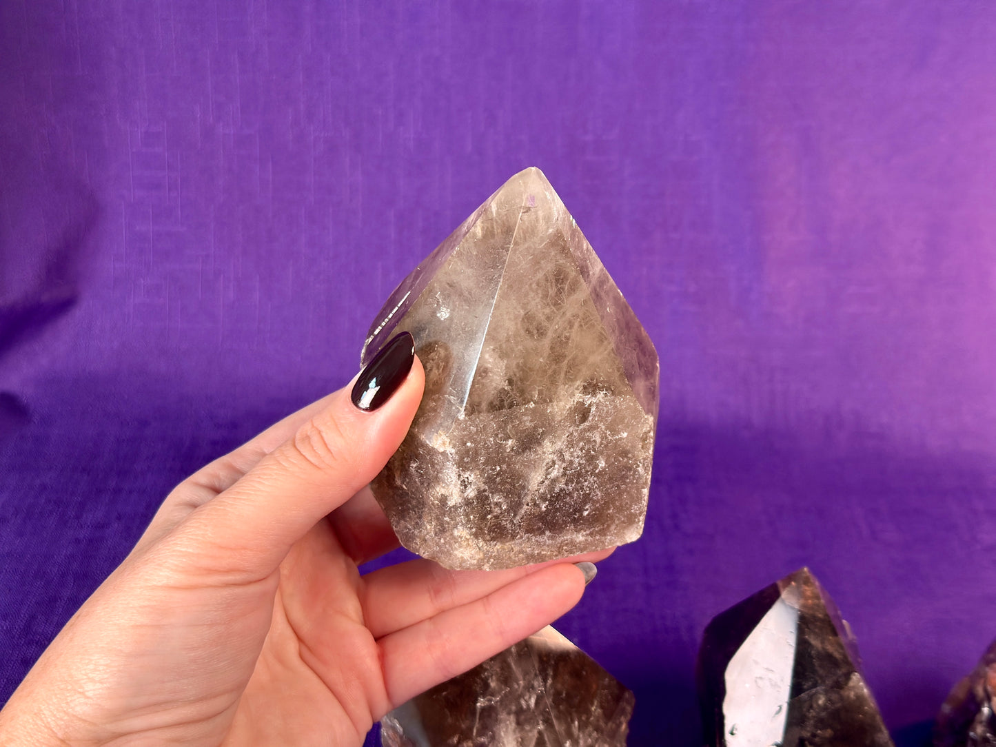 Smoky Quartz Top Polished Rough Point — Standing Smoky Quartz Crystal with Cut Base