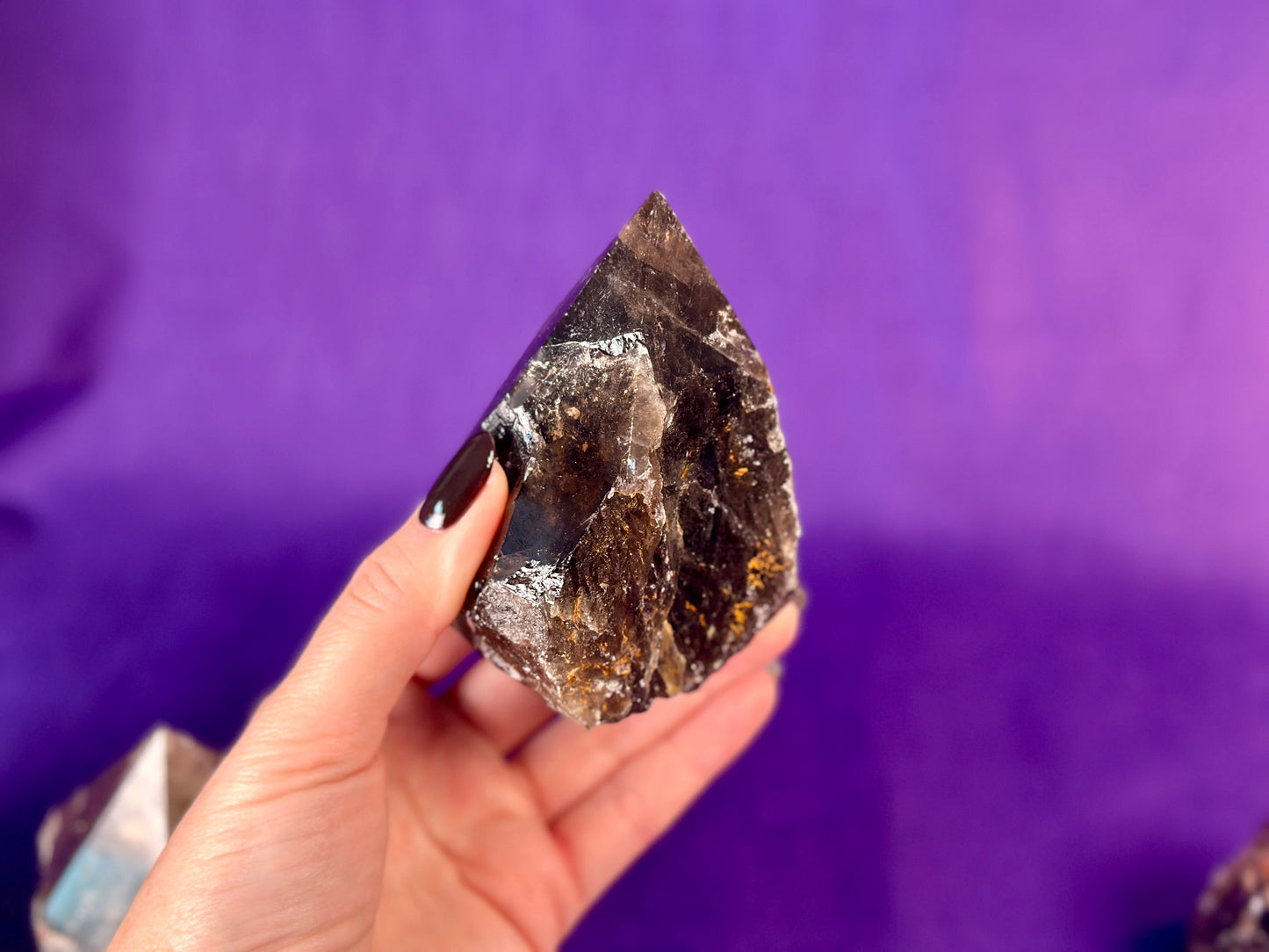 Smoky Quartz Top Polished Rough Point — Standing Smoky Quartz Crystal with Cut Base