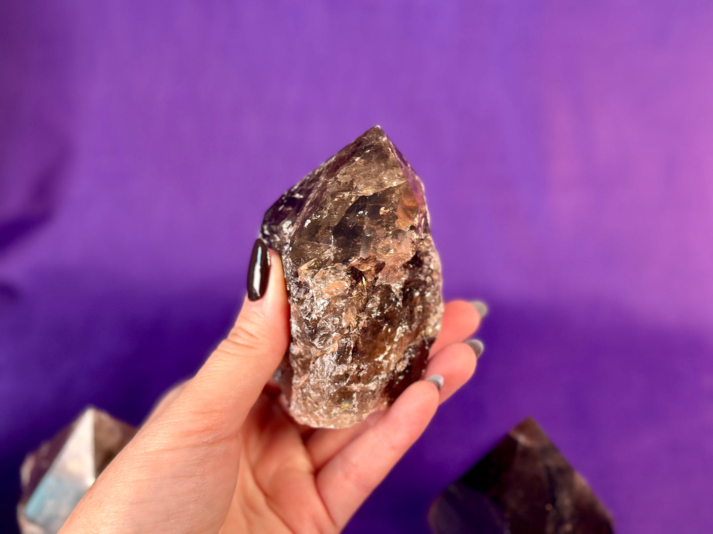 Smoky Quartz Top Polished Rough Point — Standing Smoky Quartz Crystal with Cut Base