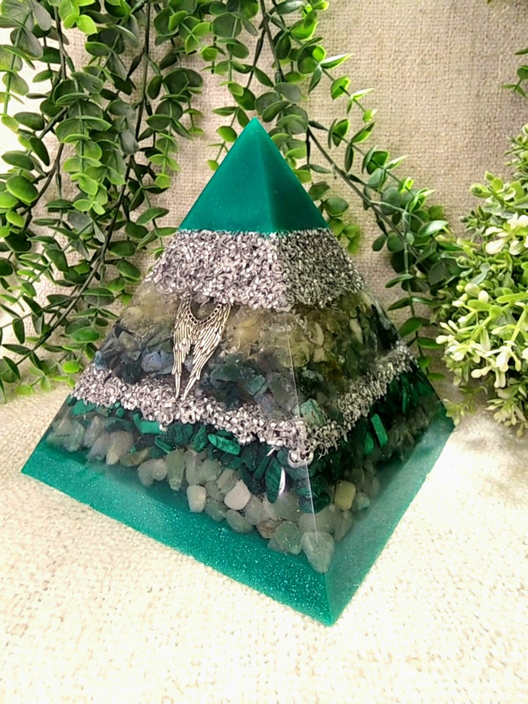 ARCHANGEL RAPHAEL - Orgonite Pyramid - EMF Protector - Citrine, Moss Agate, Malachite, Green Aventurine and Aluminum Metal
