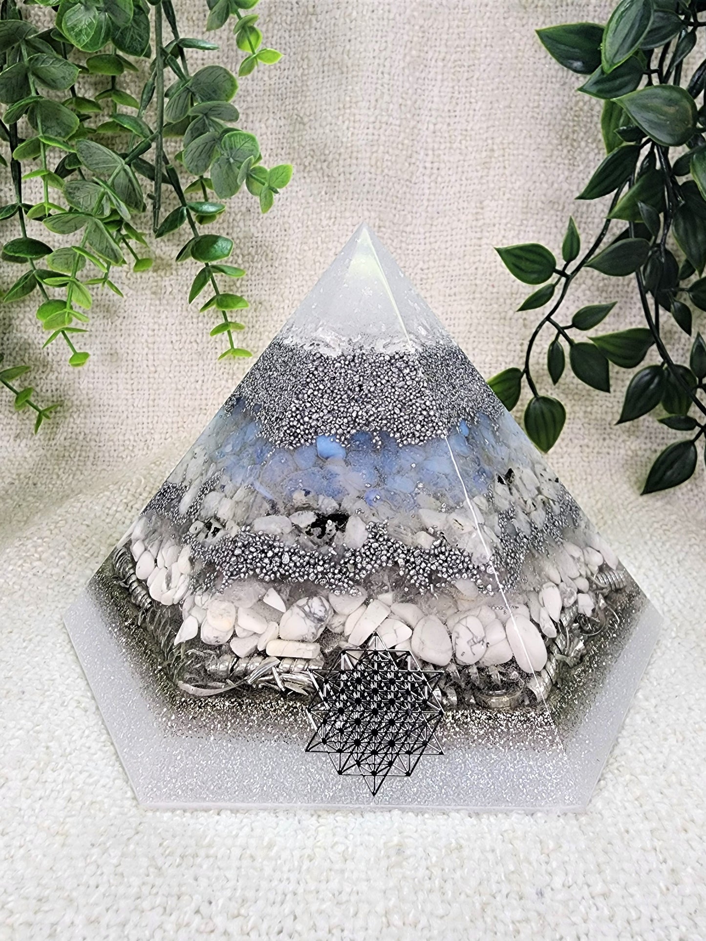WINTER SOLSTICE - Special Edition Hexagonal Pyramid! - EMF Protector - Opalite, Moonstone, White Quartz, Howlite Crystals, with Aluminum Metal, White Brass and Real Silver Flakes