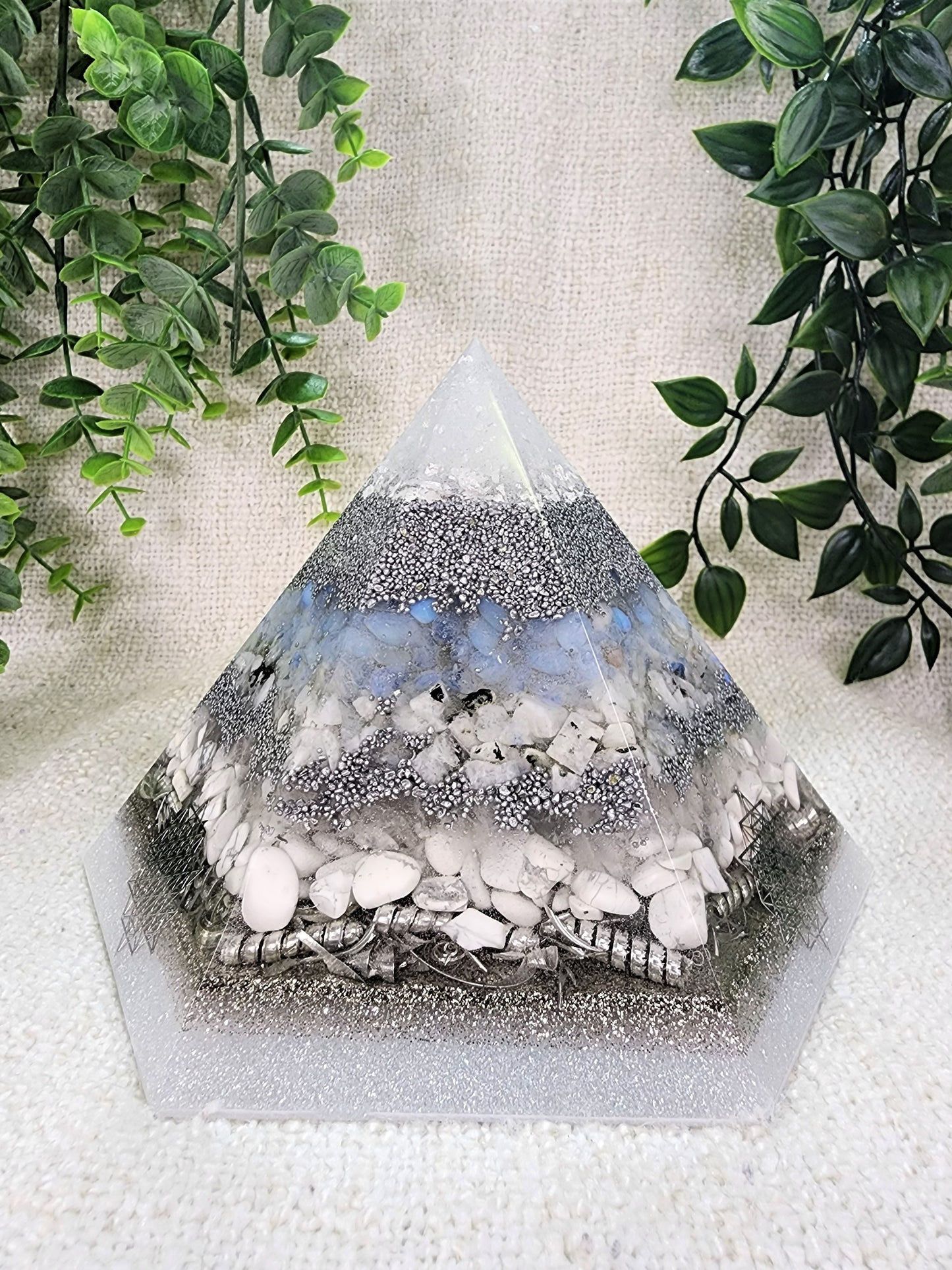 WINTER SOLSTICE - Special Edition Hexagonal Pyramid! - EMF Protector - Opalite, Moonstone, White Quartz, Howlite Crystals, with Aluminum Metal, White Brass and Real Silver Flakes