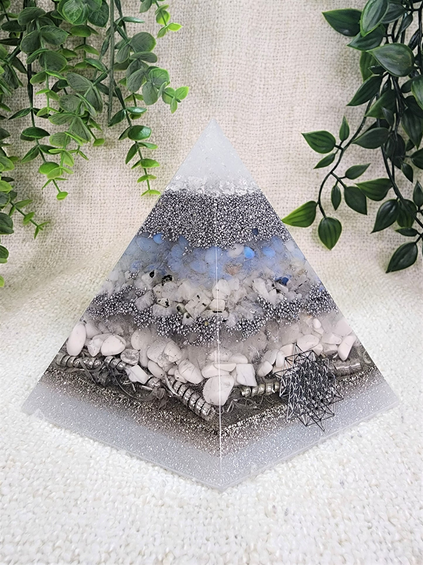 WINTER SOLSTICE - Special Edition Hexagonal Pyramid! - EMF Protector - Opalite, Moonstone, White Quartz, Howlite Crystals, with Aluminum Metal, White Brass and Real Silver Flakes