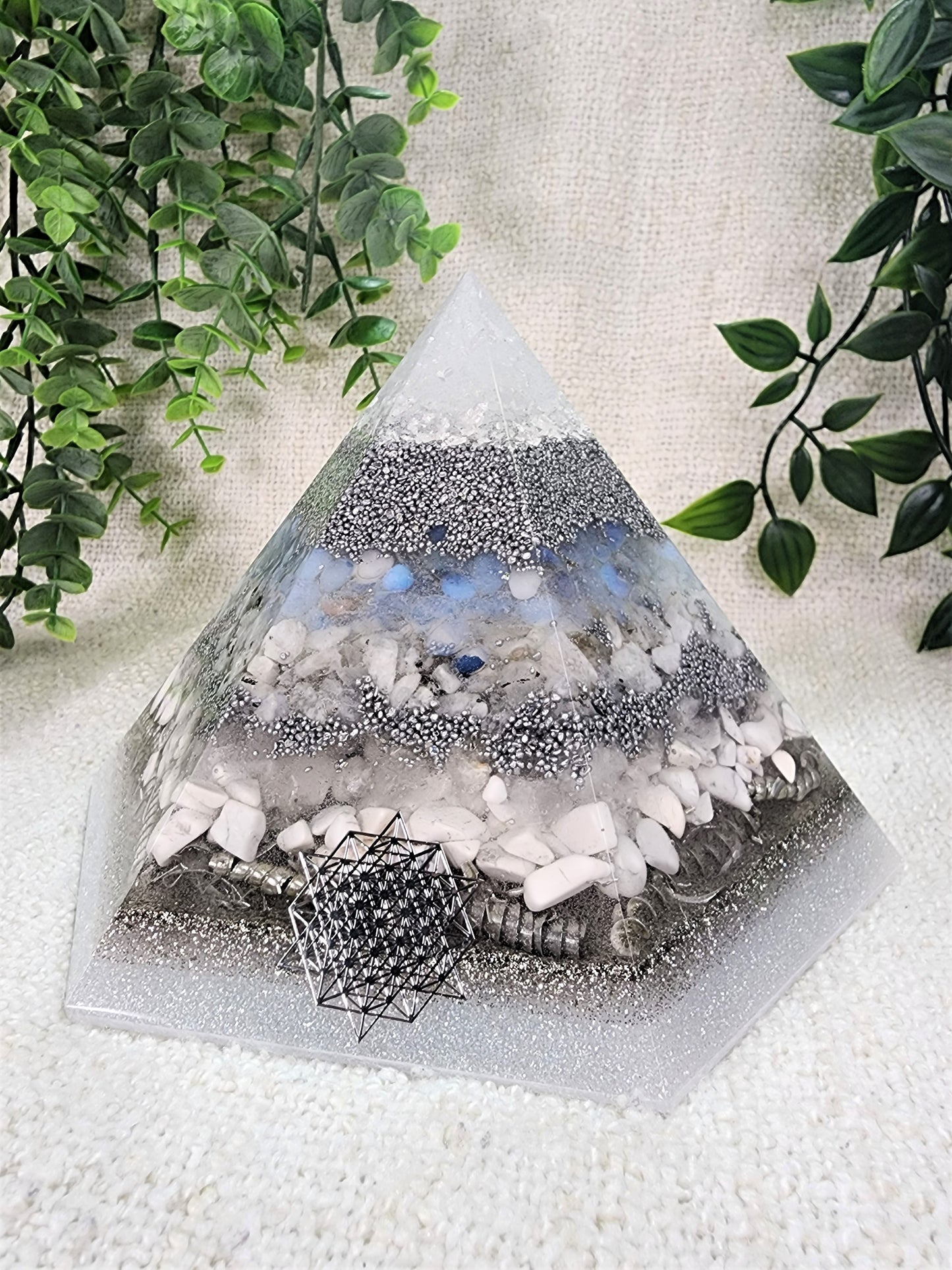 WINTER SOLSTICE - Special Edition Hexagonal Pyramid! - EMF Protector - Opalite, Moonstone, White Quartz, Howlite Crystals, with Aluminum Metal, White Brass and Real Silver Flakes