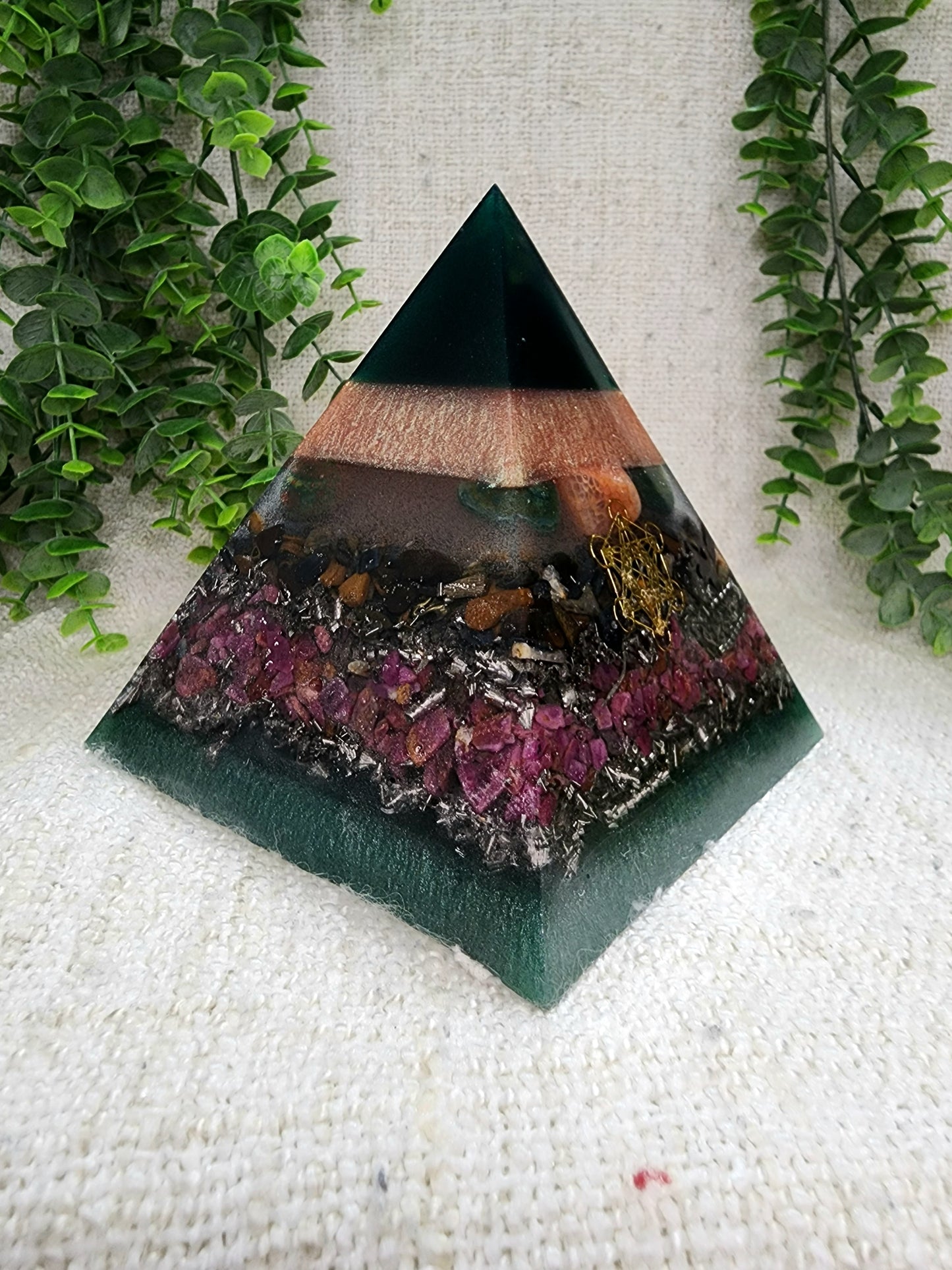 THEA - Orgonite Pyramid - EMF Protector - Bloodstone, Fire Agate, Blue Tiger's Eye, Ruby and Stainless Steel Metal