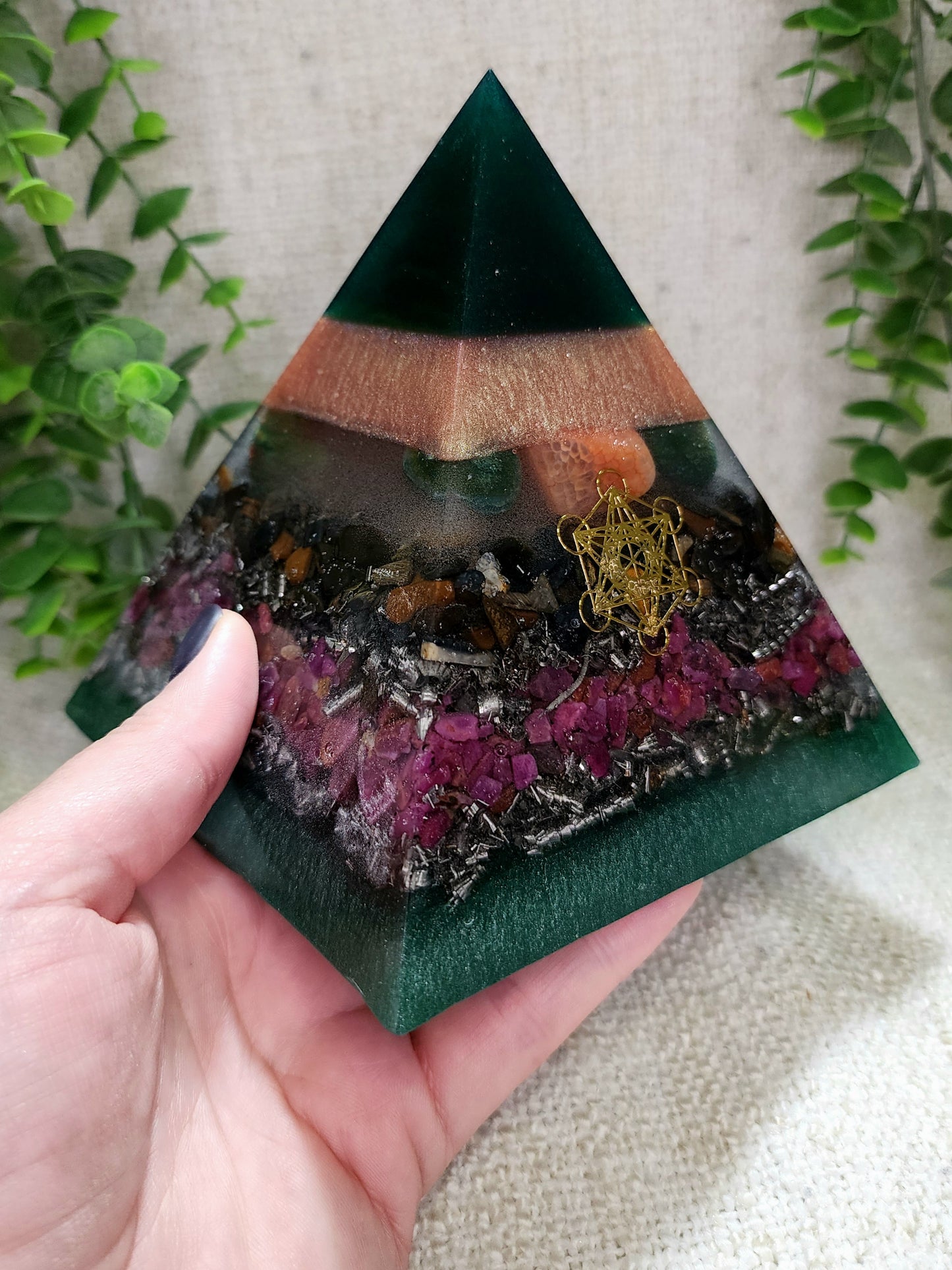 THEA - Orgonite Pyramid - EMF Protector - Bloodstone, Fire Agate, Blue Tiger's Eye, Ruby and Stainless Steel Metal
