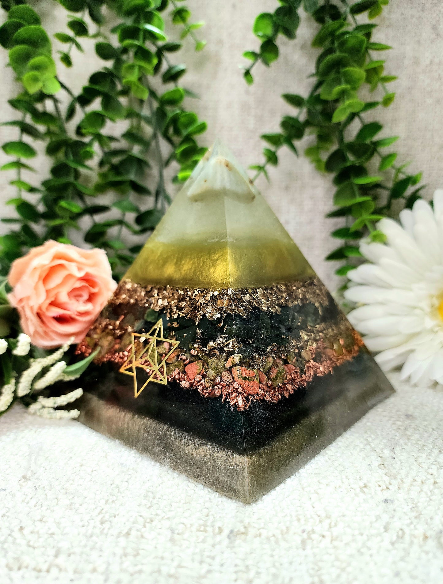 NOVA - Orgonite Pyramid - EMF Protector - Chrysoprase, Green Jade, Unakite and Bloodstone with Brass and Copper Metals