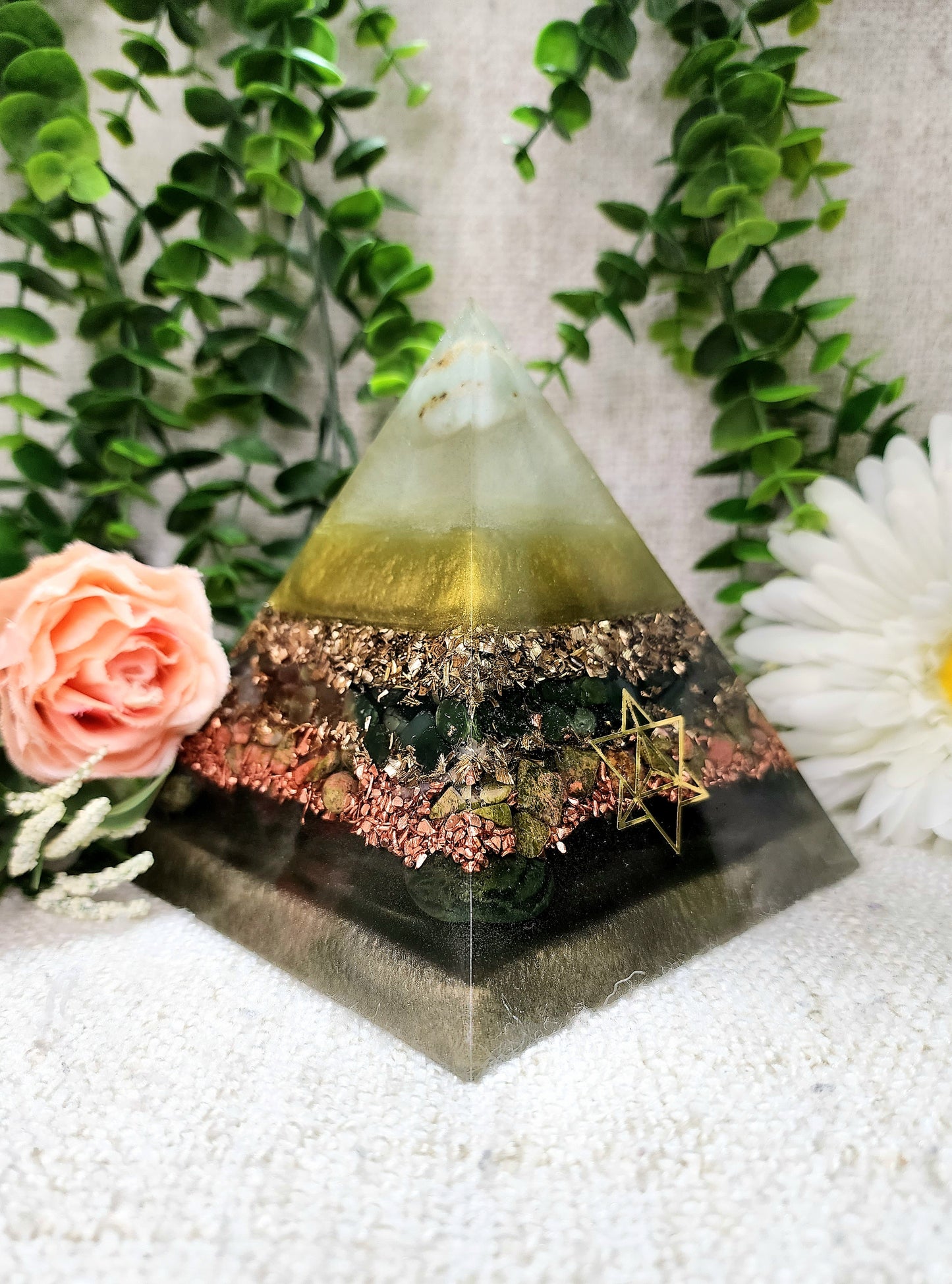 NOVA - Orgonite Pyramid - EMF Protector - Chrysoprase, Green Jade, Unakite and Bloodstone with Brass and Copper Metals