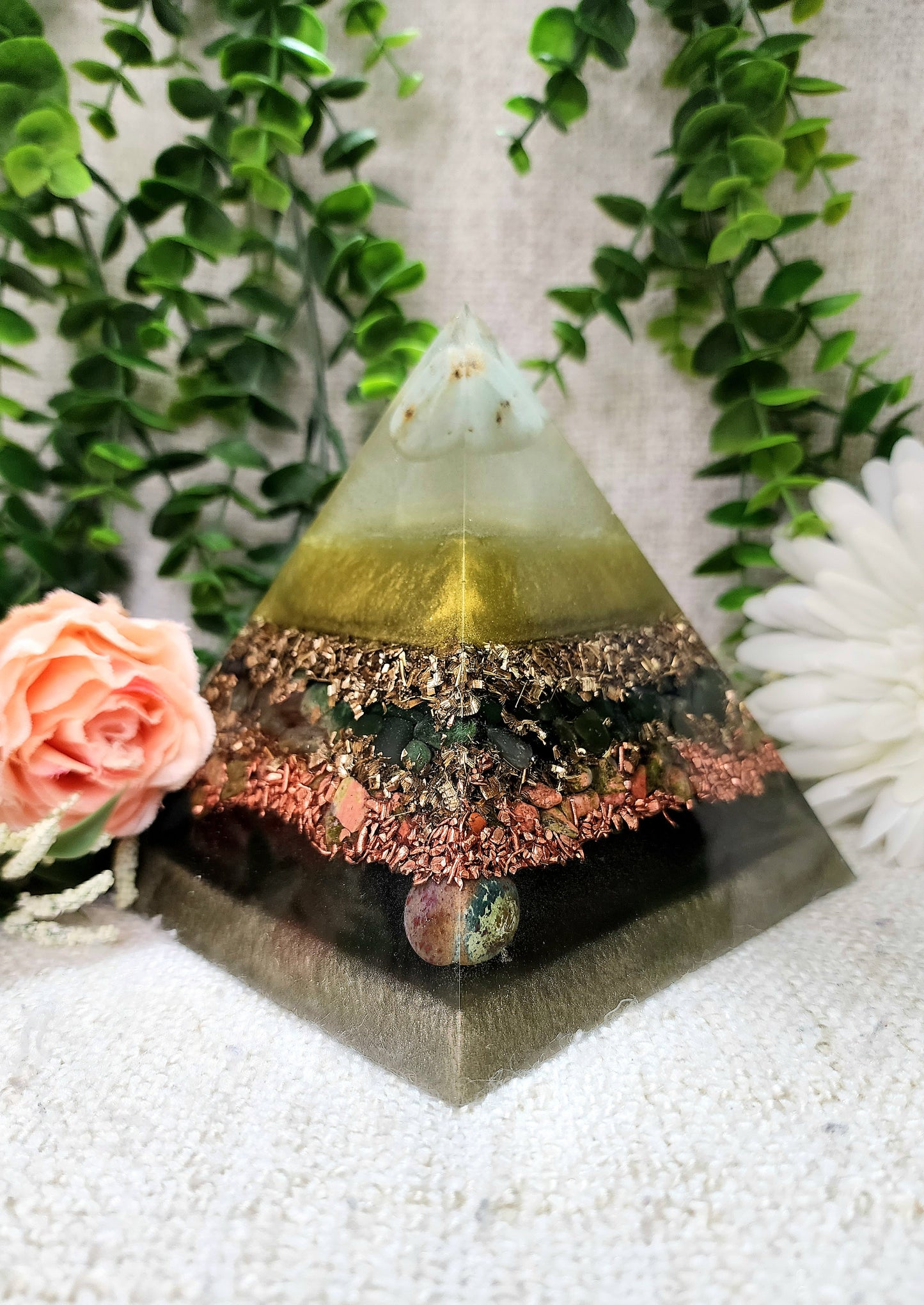 NOVA - Orgonite Pyramid - EMF Protector - Chrysoprase, Green Jade, Unakite and Bloodstone with Brass and Copper Metals