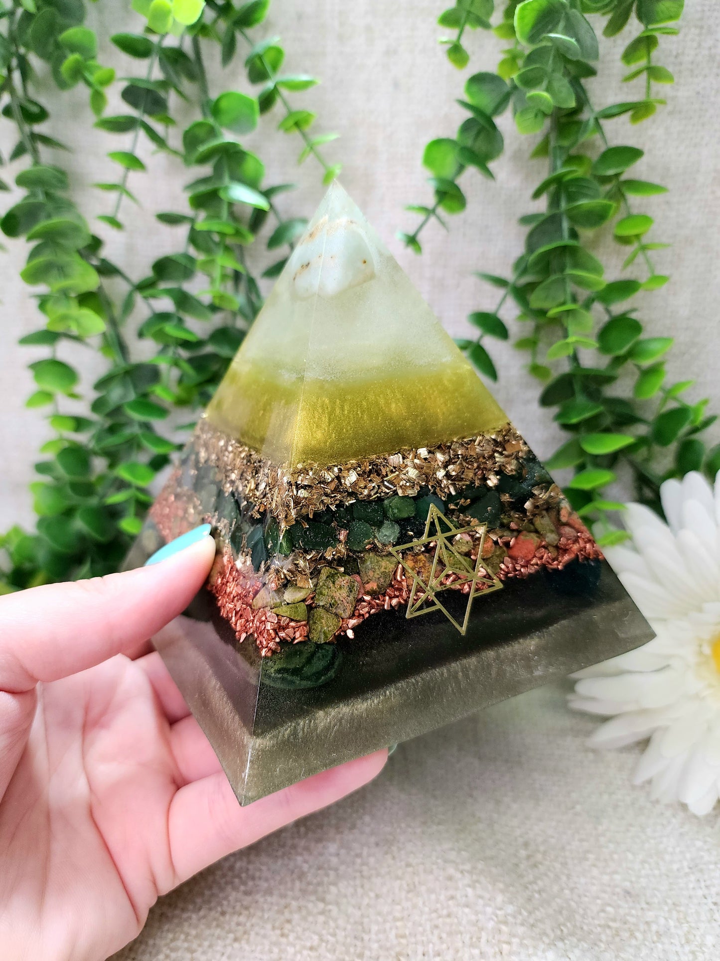 NOVA - Orgonite Pyramid - EMF Protector - Chrysoprase, Green Jade, Unakite and Bloodstone with Brass and Copper Metals