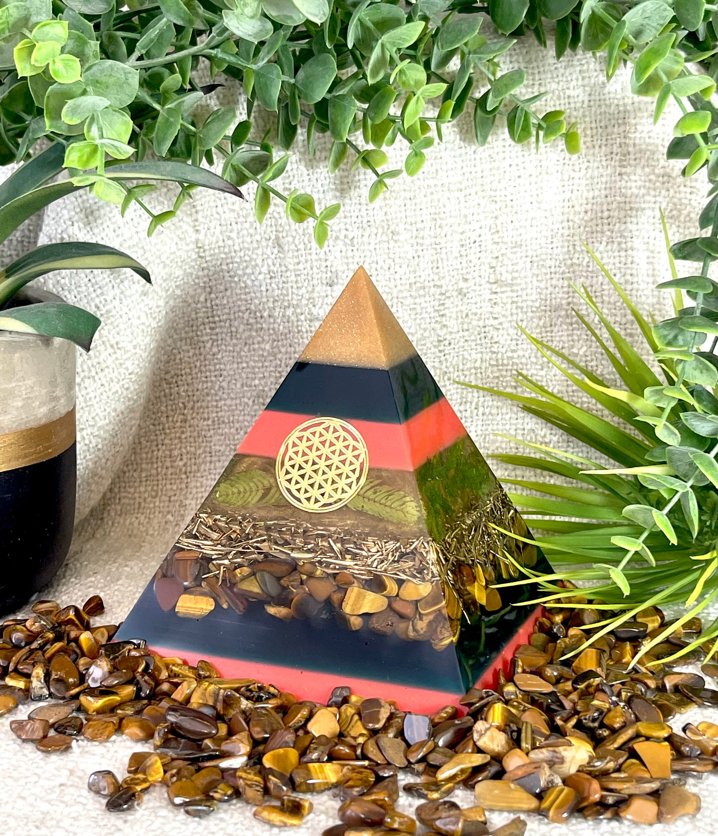 TERESA - Orgonite Pyramid - EMF Protector - Tiger's Eye Crystal and Brass Metal