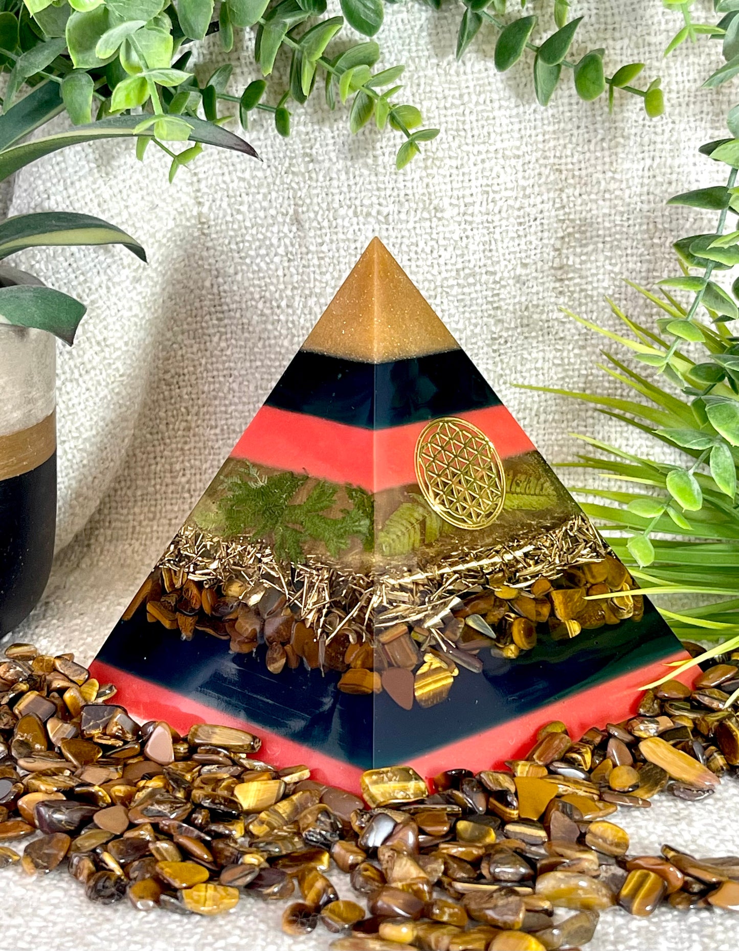 TERESA - Orgonite Pyramid - EMF Protector - Tiger's Eye Crystal and Brass Metal