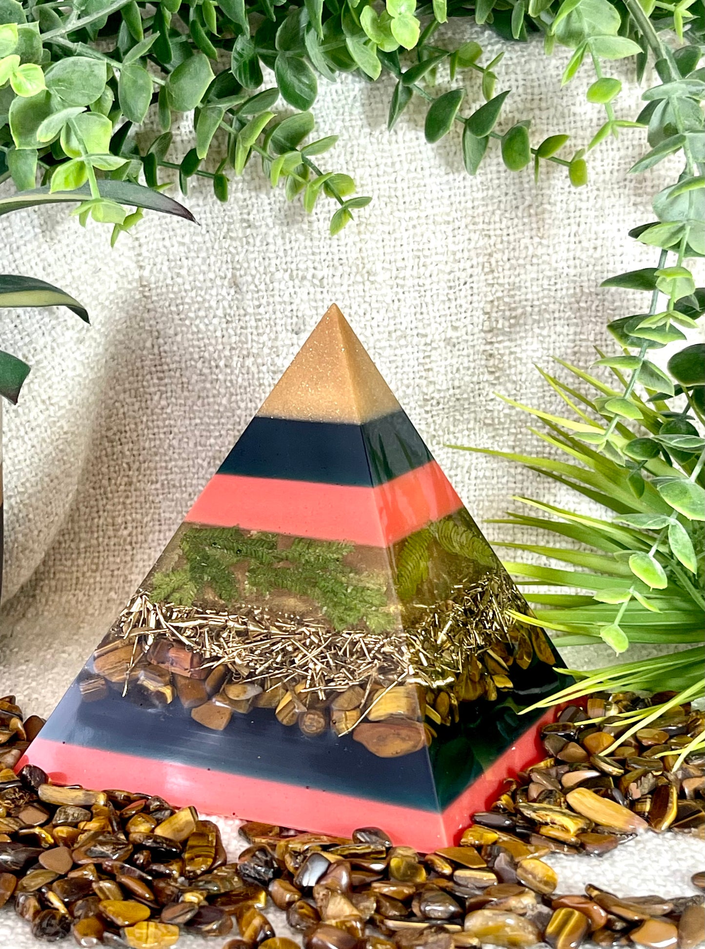 TERESA - Orgonite Pyramid - EMF Protector - Tiger's Eye Crystal and Brass Metal