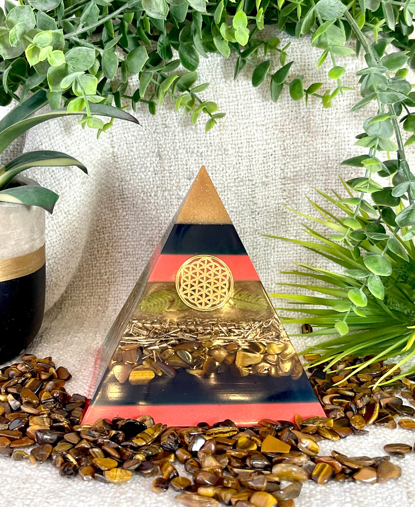 TERESA - Orgonite Pyramid - EMF Protector - Tiger's Eye Crystal and Brass Metal