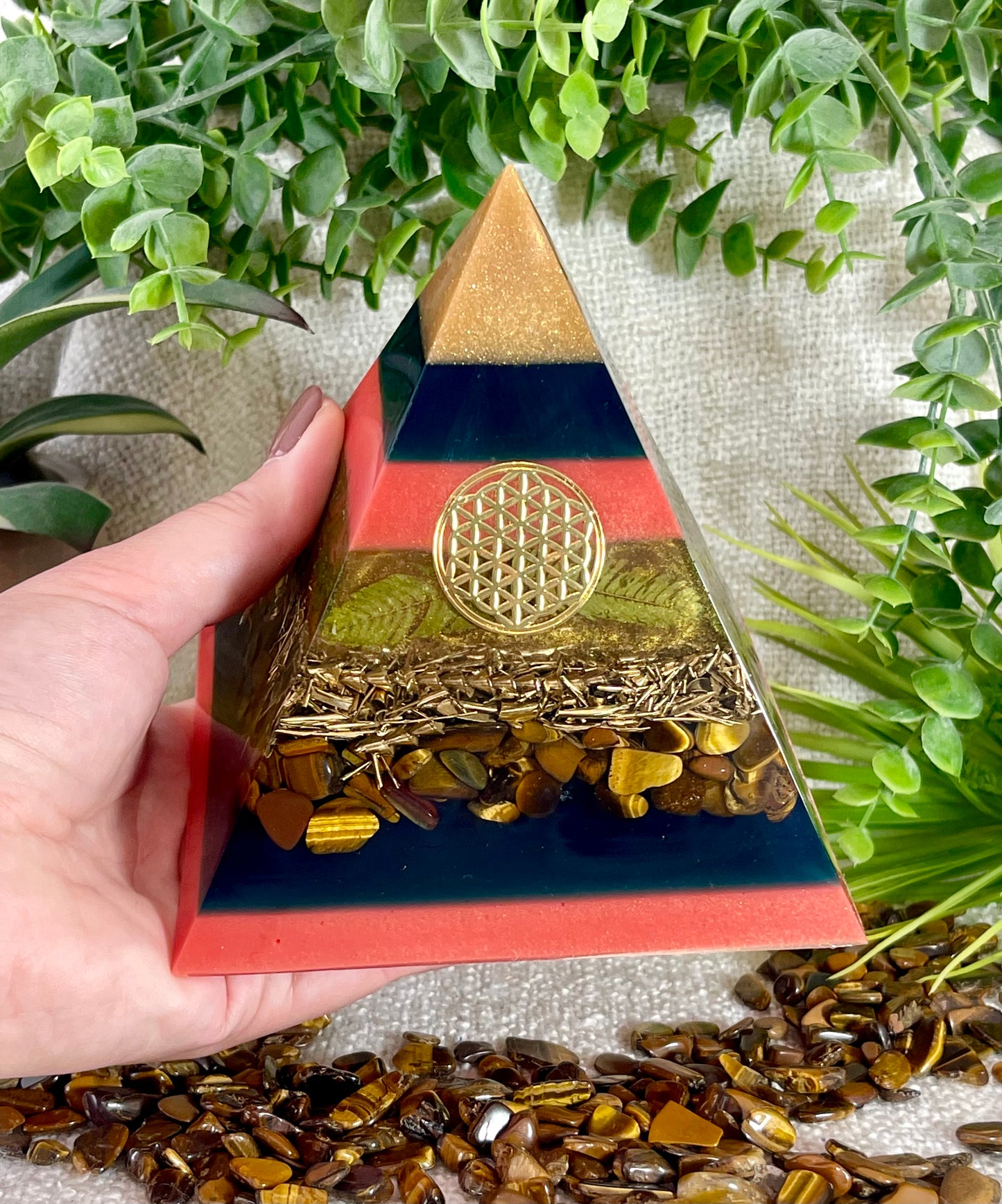 TERESA - Orgonite Pyramid - EMF Protector - Tiger's Eye Crystal and Brass Metal