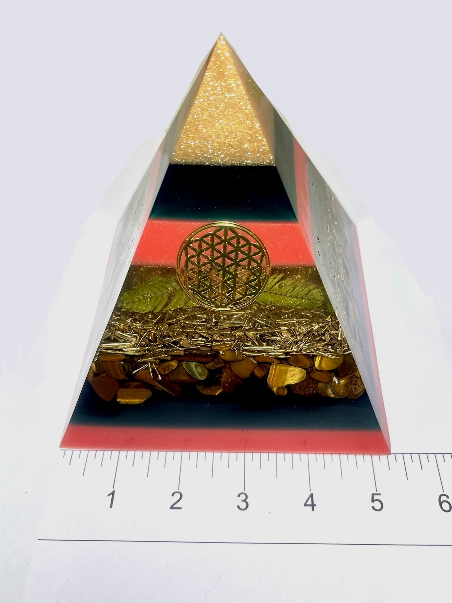 TERESA - Orgonite Pyramid - EMF Protector - Tiger's Eye Crystal and Brass Metal