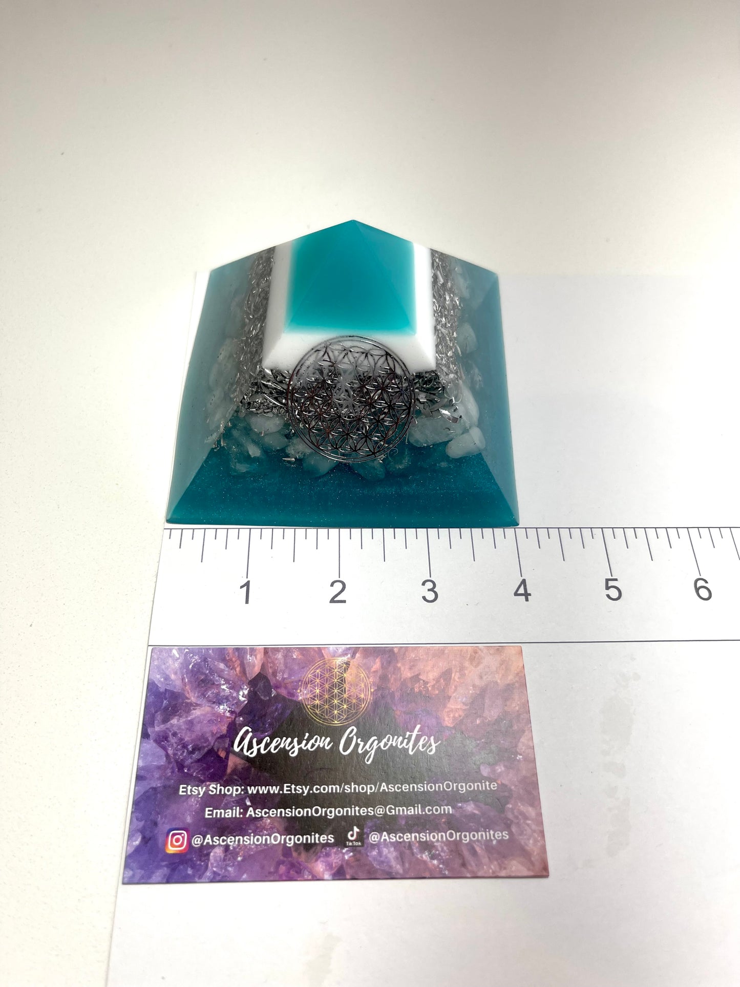CYAN - Orgonite Pyramid - EMF Protector - White Quartz and Aluminum Metal